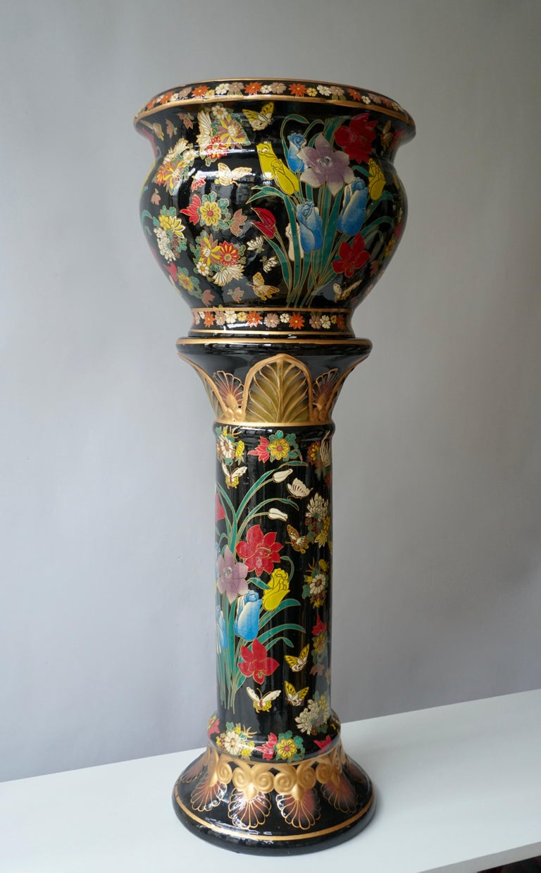 Ceramic Jardinière 'Planter and Stand' Pedestal Decorated with Flowers