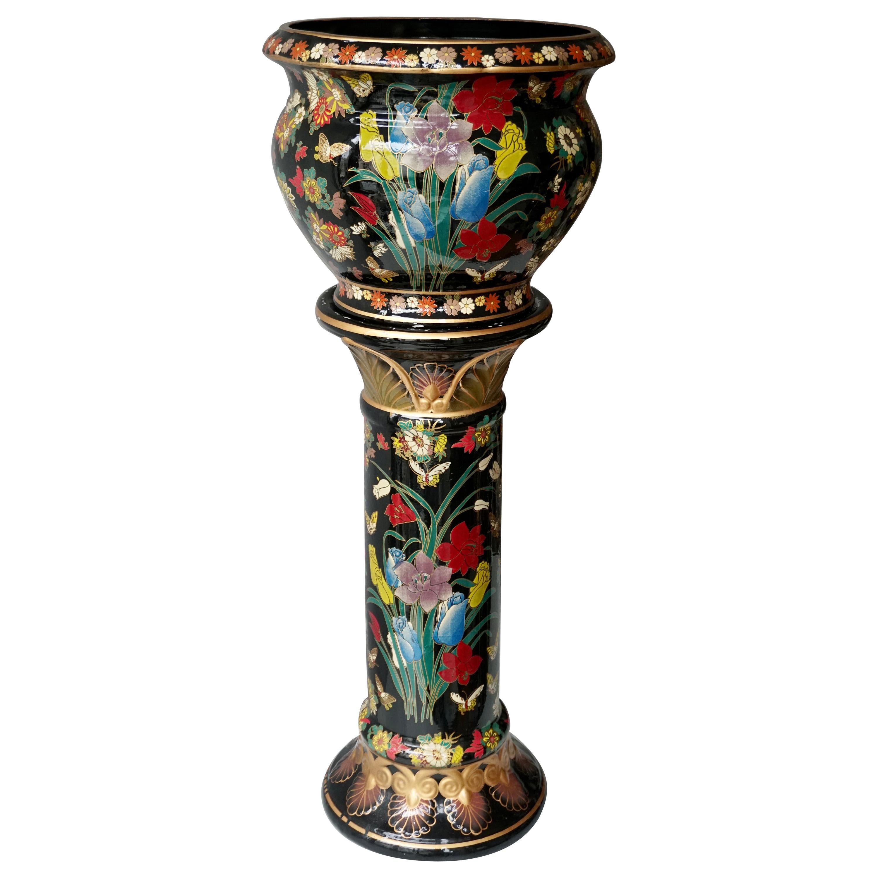 Ceramic Jardinière 'Planter and Stand' Pedestal Decorated with Flowers For  Sale at 1stDibs
