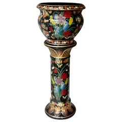 Ceramic Jardinière 'Planter and Stand' Pedestal Decorated with Flowers