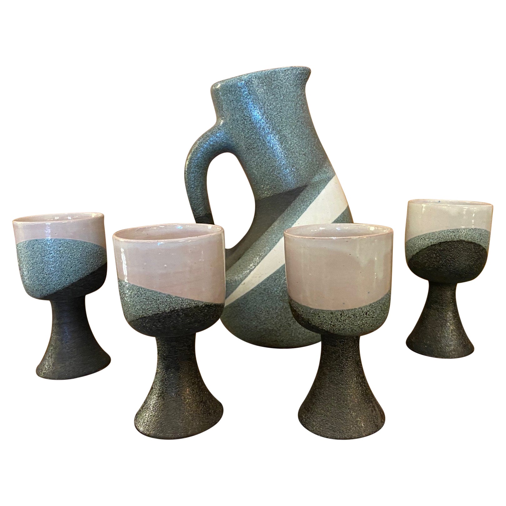 Ceramic Jug and Set of Four Cups by Gilbert Valentin, France, 1950s