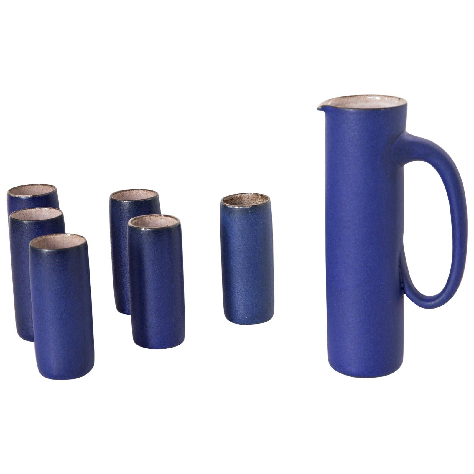 Ceramic Jug and Six Mugs with Blue Glaze by Kasper Würtz