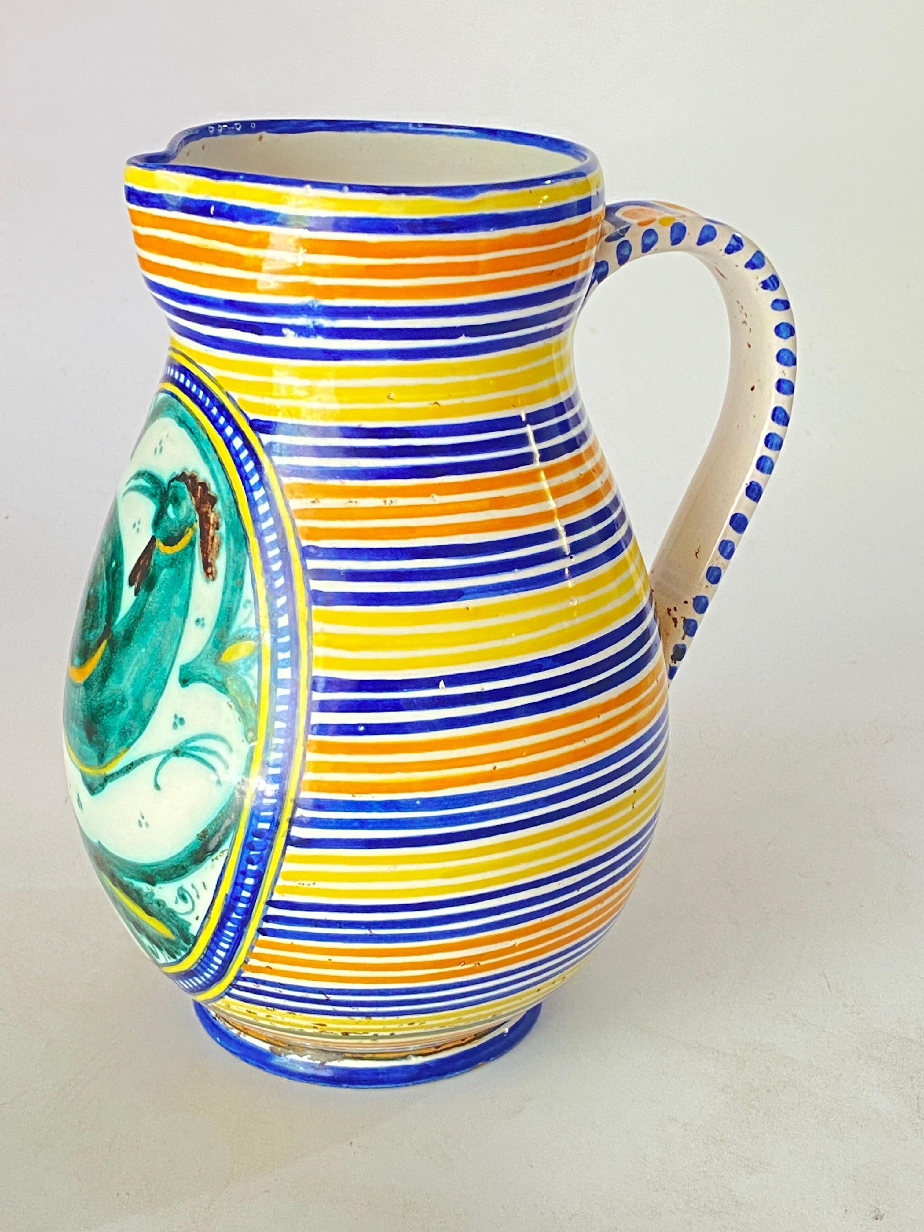 Ceramic Jug or Pitcher with White Bue Yellow Color Gubbio, Italy, circa 1960 For Sale 3