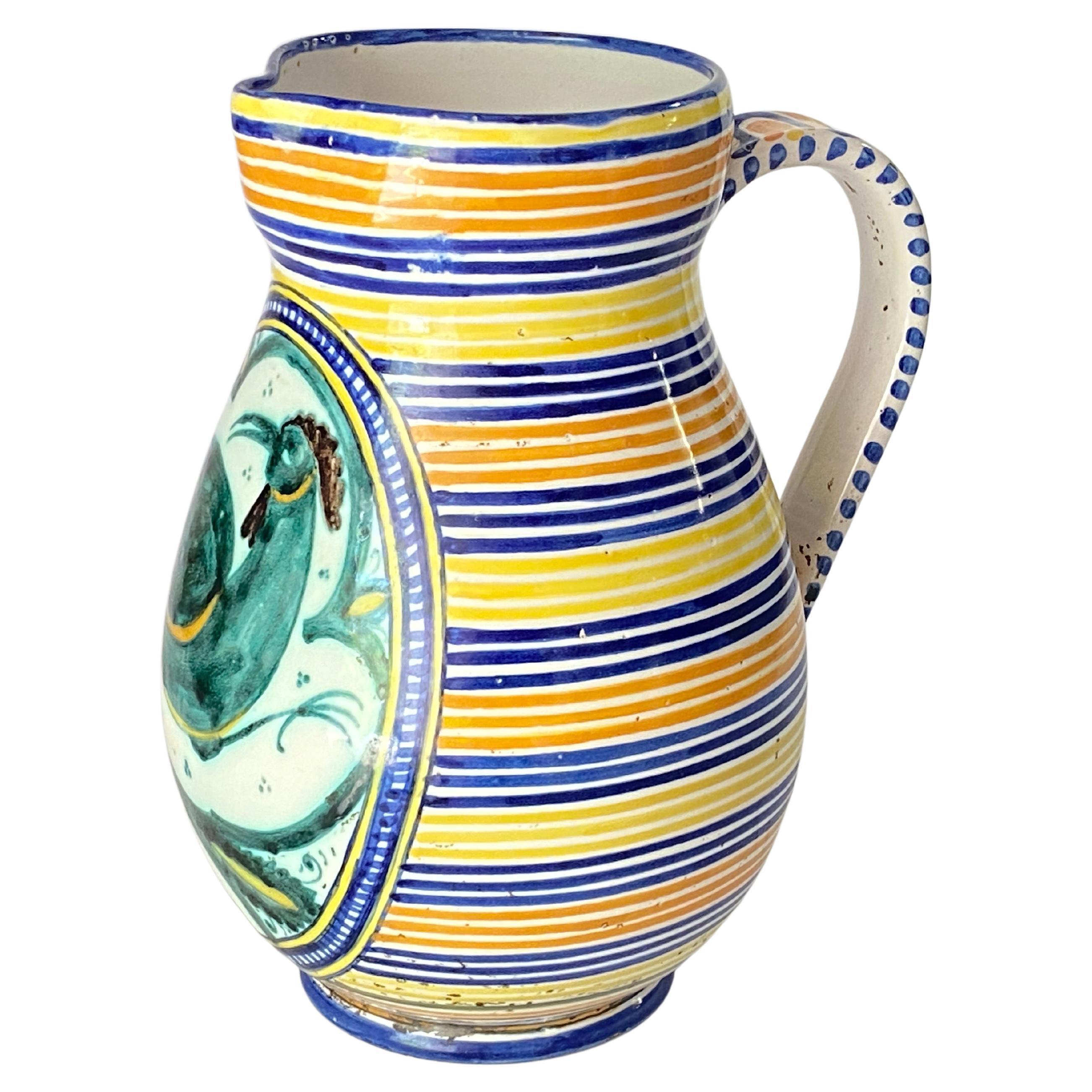 Ceramic Jug or Pitcher with White Bue Yellow Color Gubbio, Italy, circa 1960