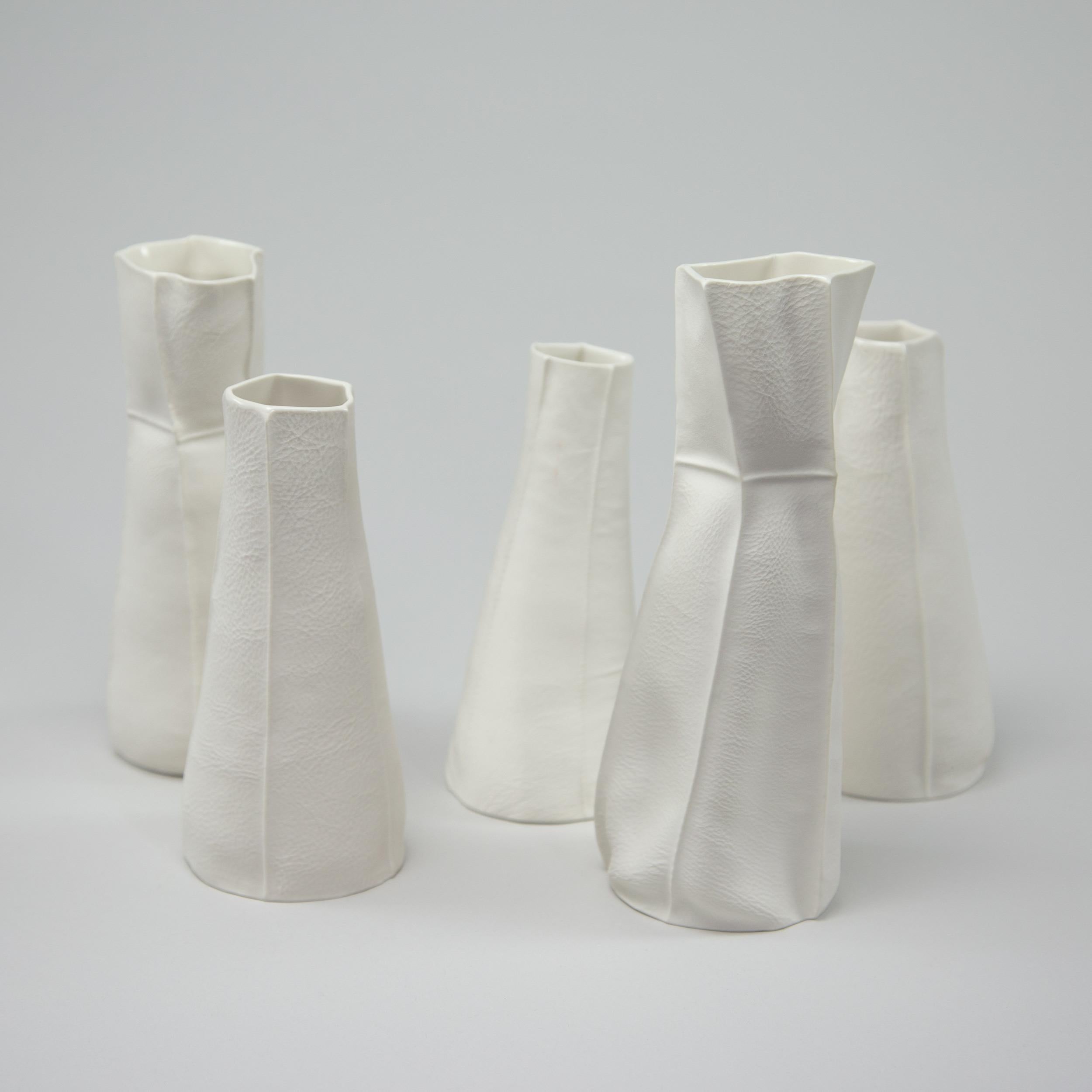 Modern White Ceramic Pair Kawa Vases by Luft Tanaka, Leather Cast Porcelain Kawa Series For Sale