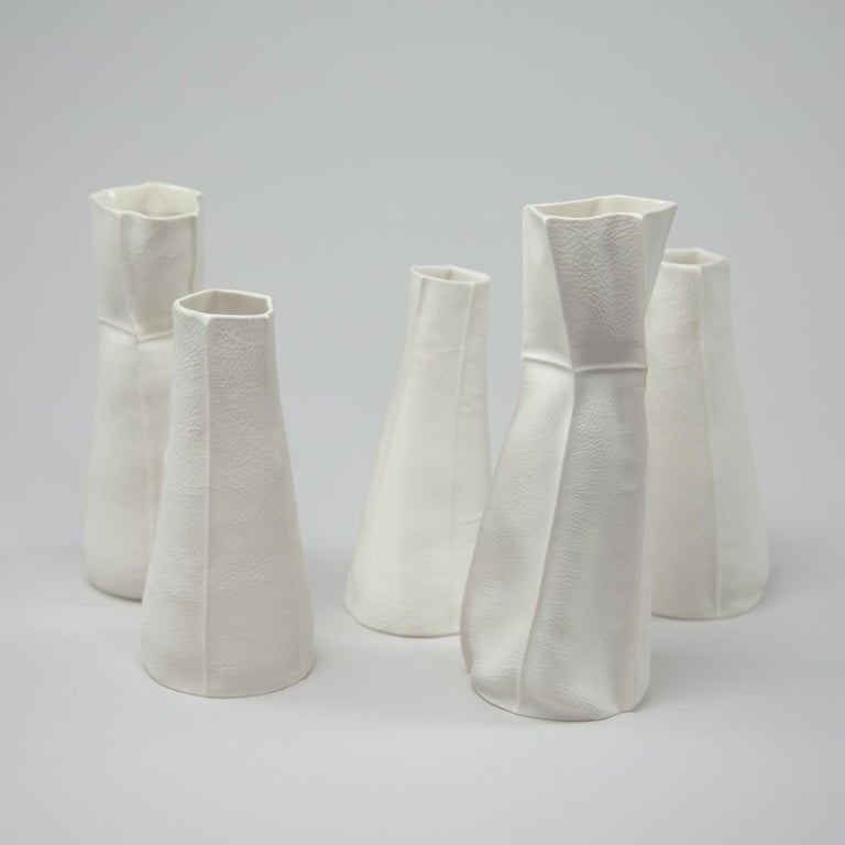 Modern White Ceramic Kawa Vase, Pair, Leather Cast Porcelain Kawa Series by Luft Tanaka For Sale