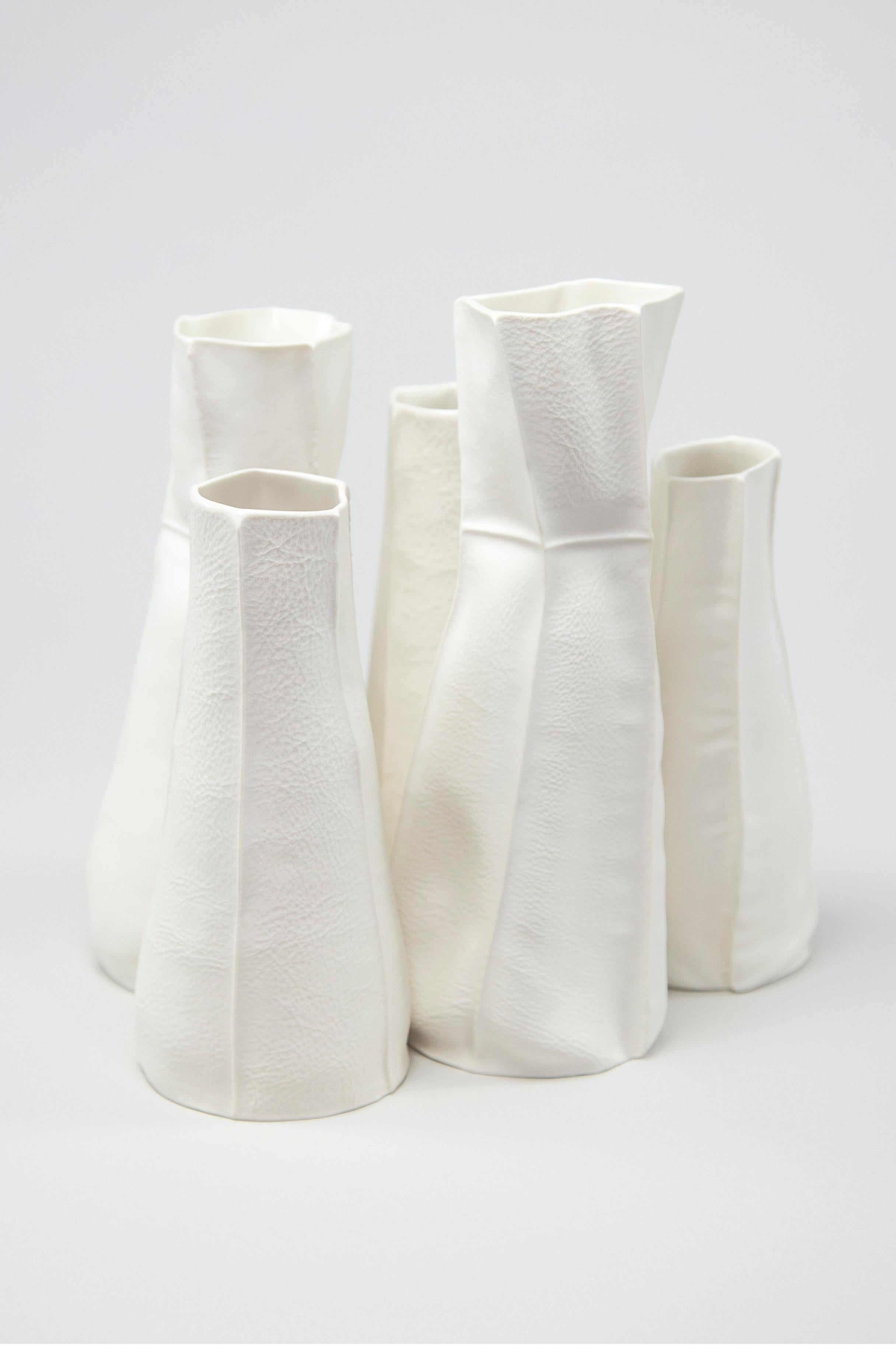 American White Ceramic Pair Kawa Vases by Luft Tanaka, Leather Cast Porcelain Kawa Series For Sale