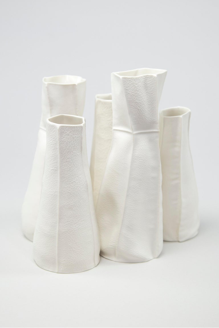 American White Ceramic Kawa Vase, Pair, Leather Cast Porcelain Kawa Series by Luft Tanaka For Sale