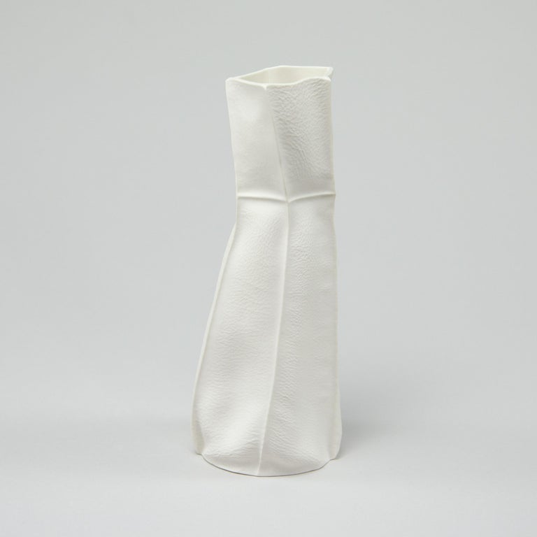 White Ceramic Kawa Vase, Pair, Leather Cast Porcelain Kawa Series by Luft Tanaka In New Condition For Sale In Brooklyn, NY
