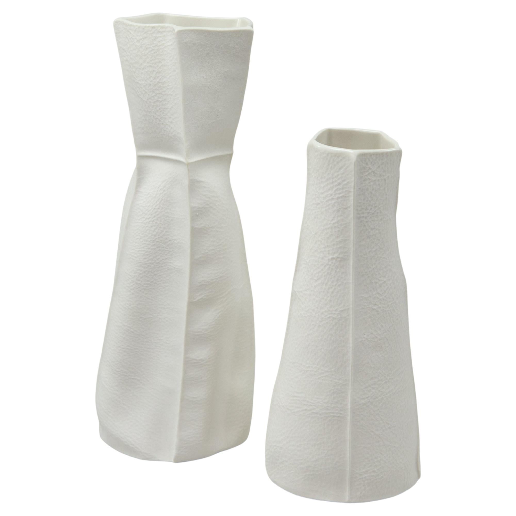 White Ceramic Pair Kawa Vases by Luft Tanaka, Leather Cast Porcelain Kawa Series