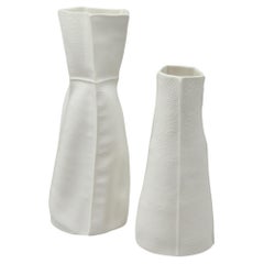 White Ceramic Kawa Vase, Pair, Leather Cast Porcelain Kawa Series by Luft Tanaka