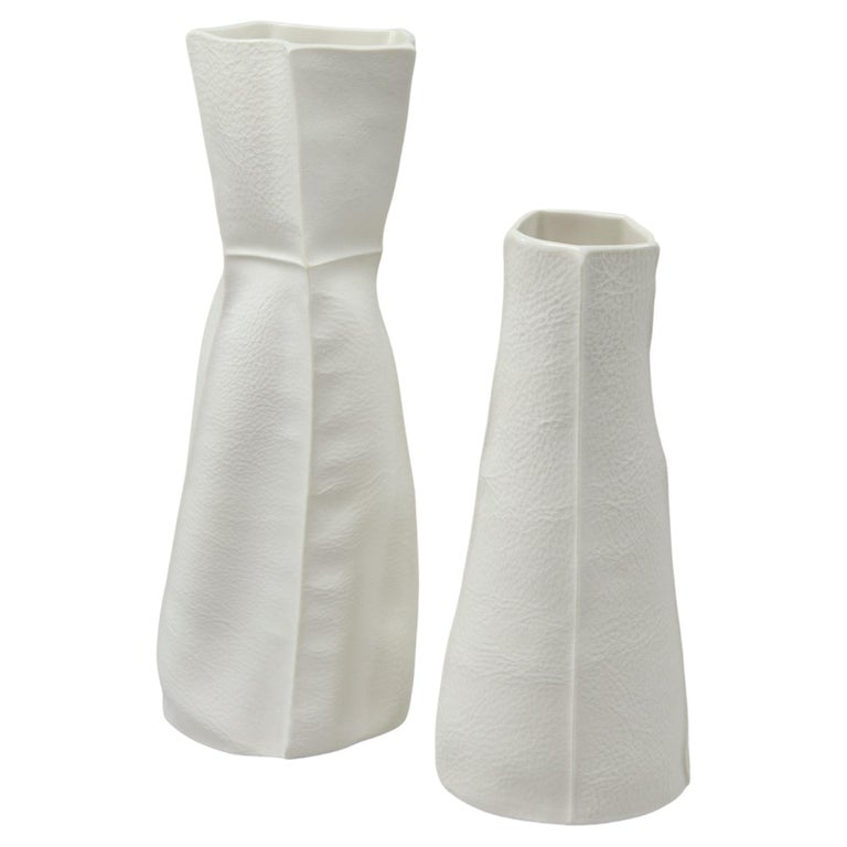White Ceramic Kawa Vase, Pair, Leather Cast Porcelain Kawa Series by Luft Tanaka For Sale