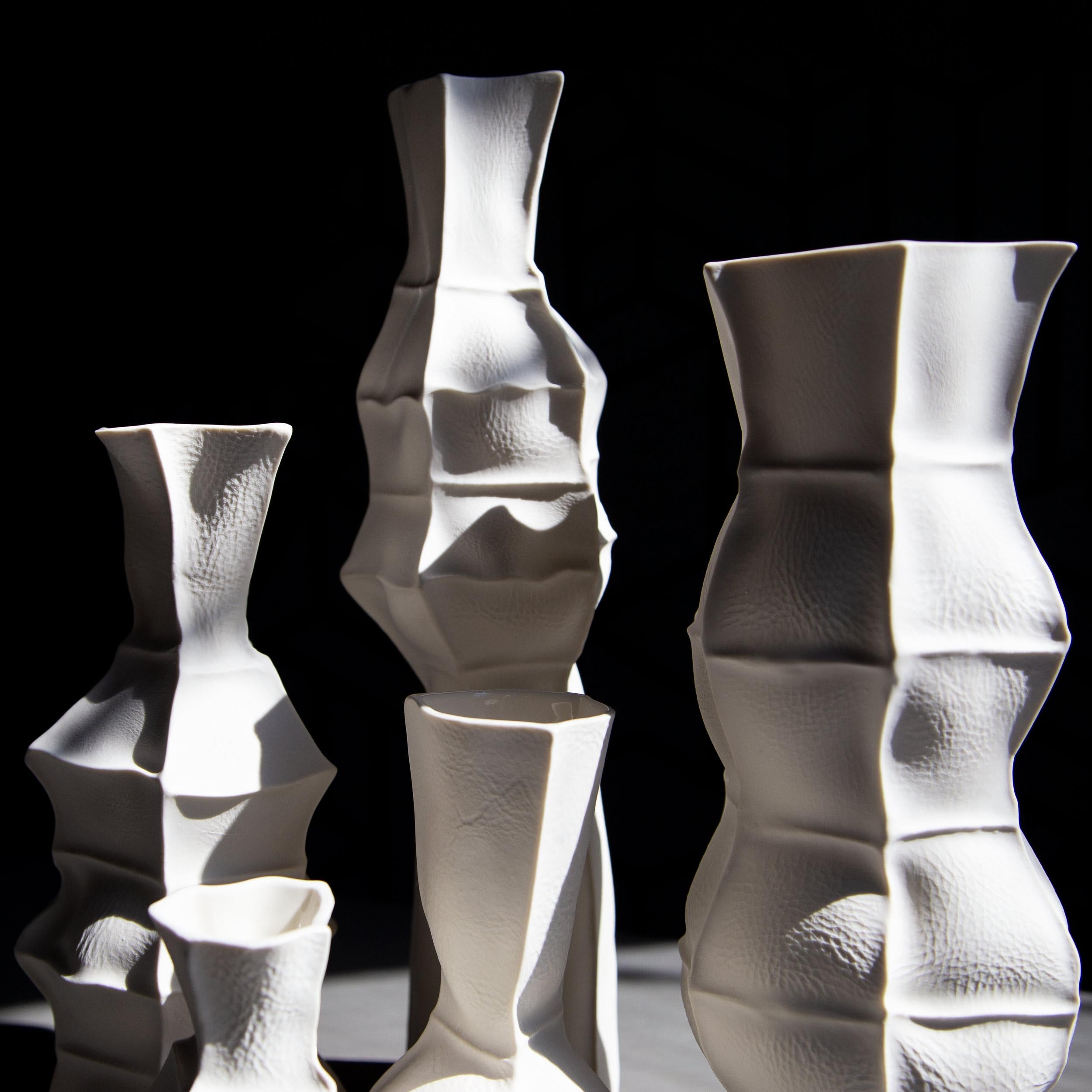 Modern Sculptural Ceramic White Kawa Vase, Set of 5, Organic Leather Cast Porcelain For Sale