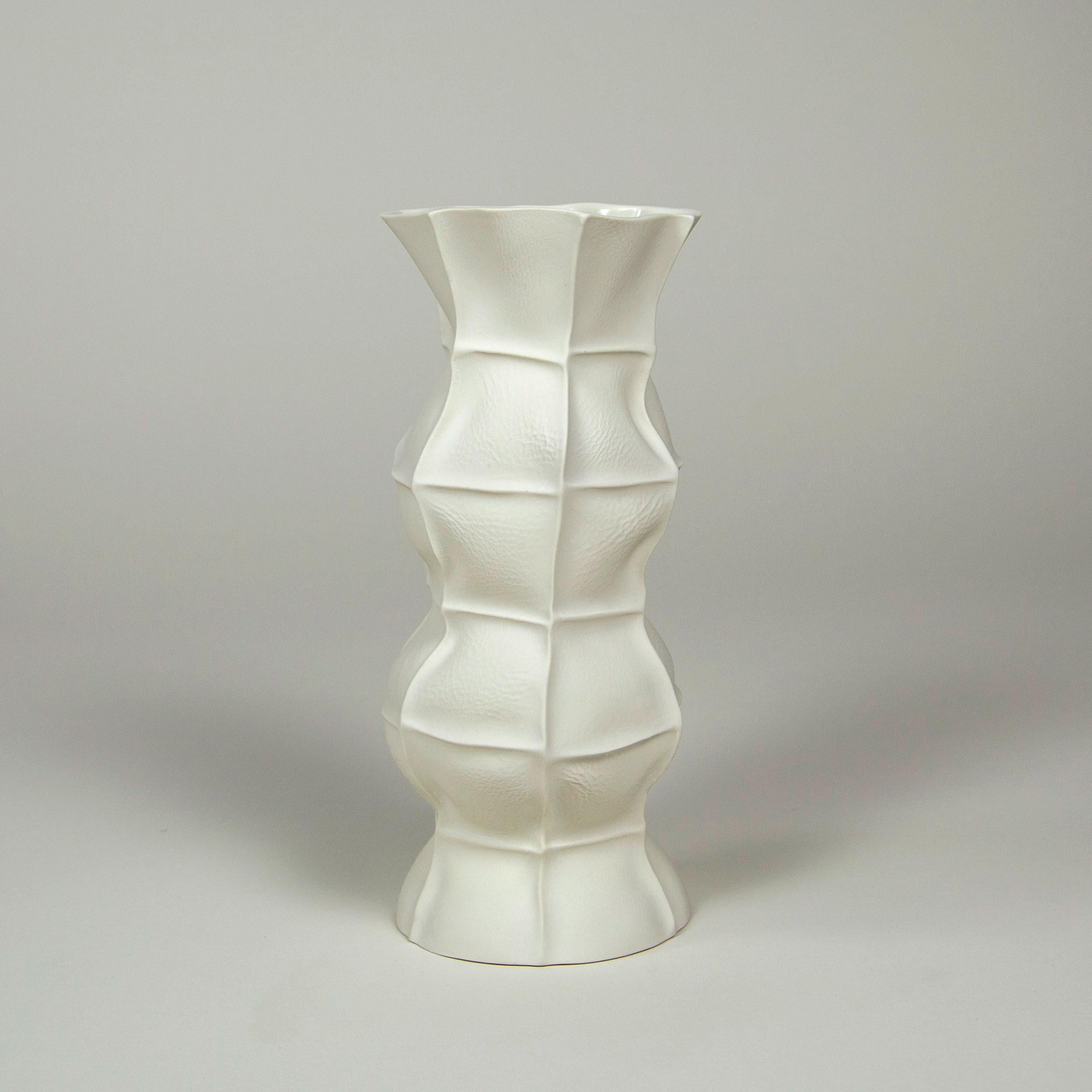 Sculptural Ceramic White Kawa Vase, Set of 5, Organic Leather Cast Porcelain In New Condition For Sale In Brooklyn, NY