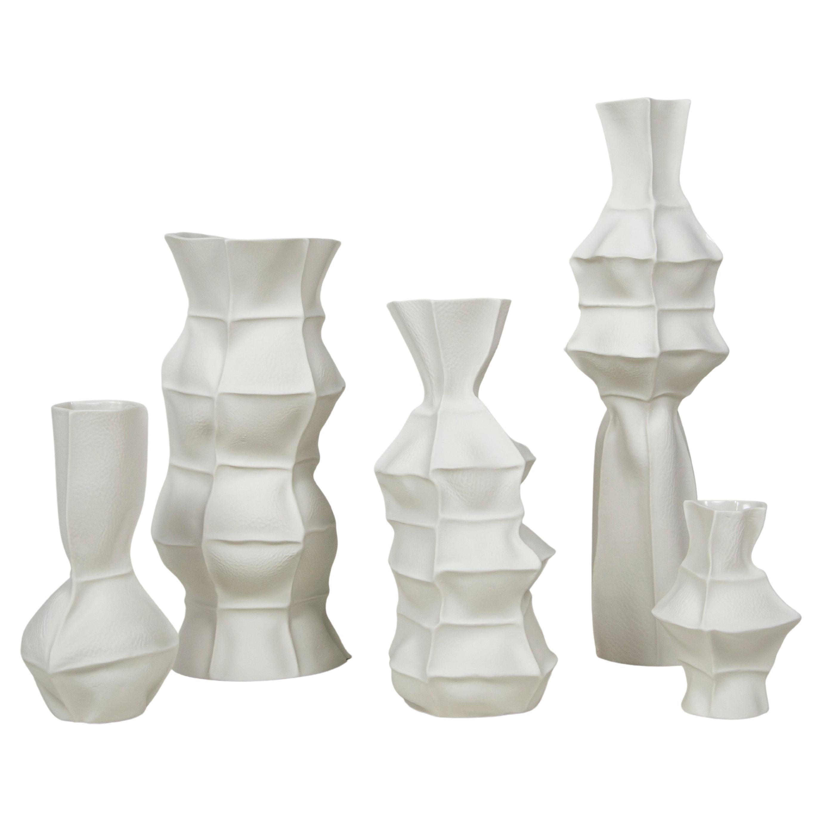 Ceramic White Kawa Vase, Set of 5, Organic Leather Cast Porcelain by Luft Tanaka