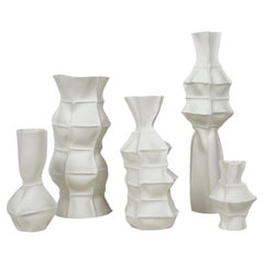 Sculptural Ceramic White Kawa Vase, Set of 5, Organic Leather Cast Porcelain