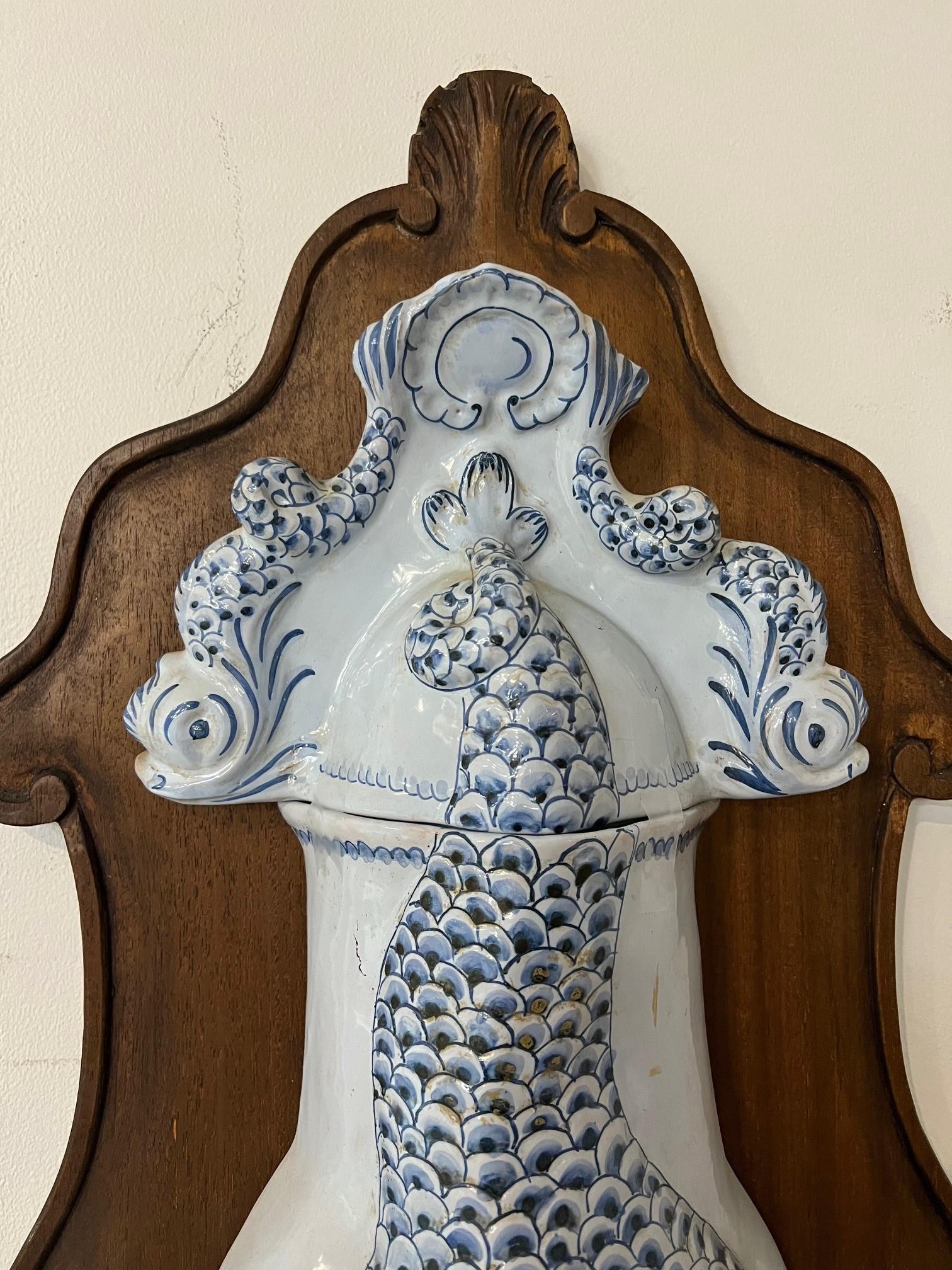 Italian Ceramic Koi Wall Fountain and Lavabo on Wood Panel   For Sale