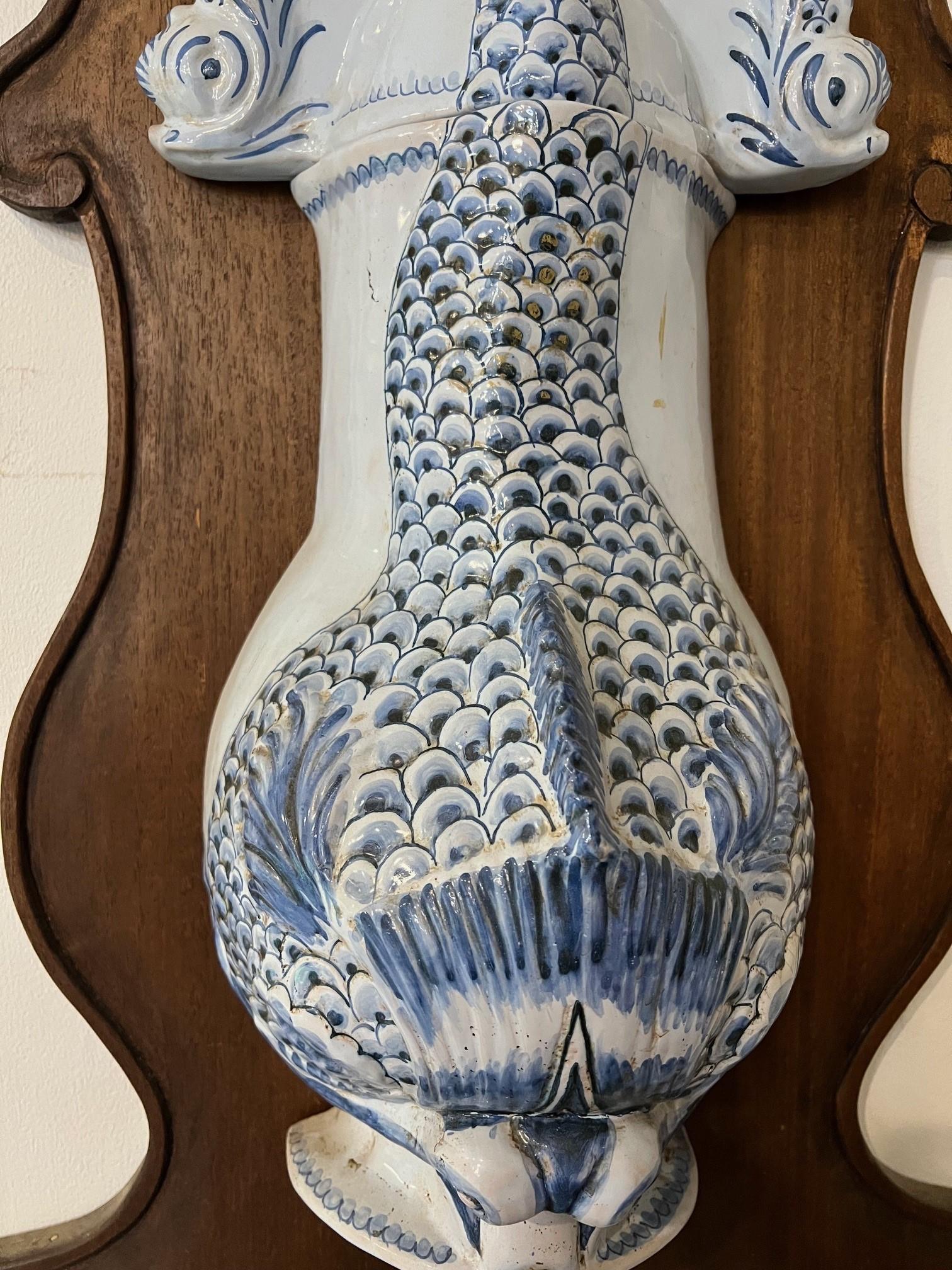 Ceramic Koi Wall Fountain and Lavabo on Wood Panel   In Good Condition For Sale In Stamford, CT