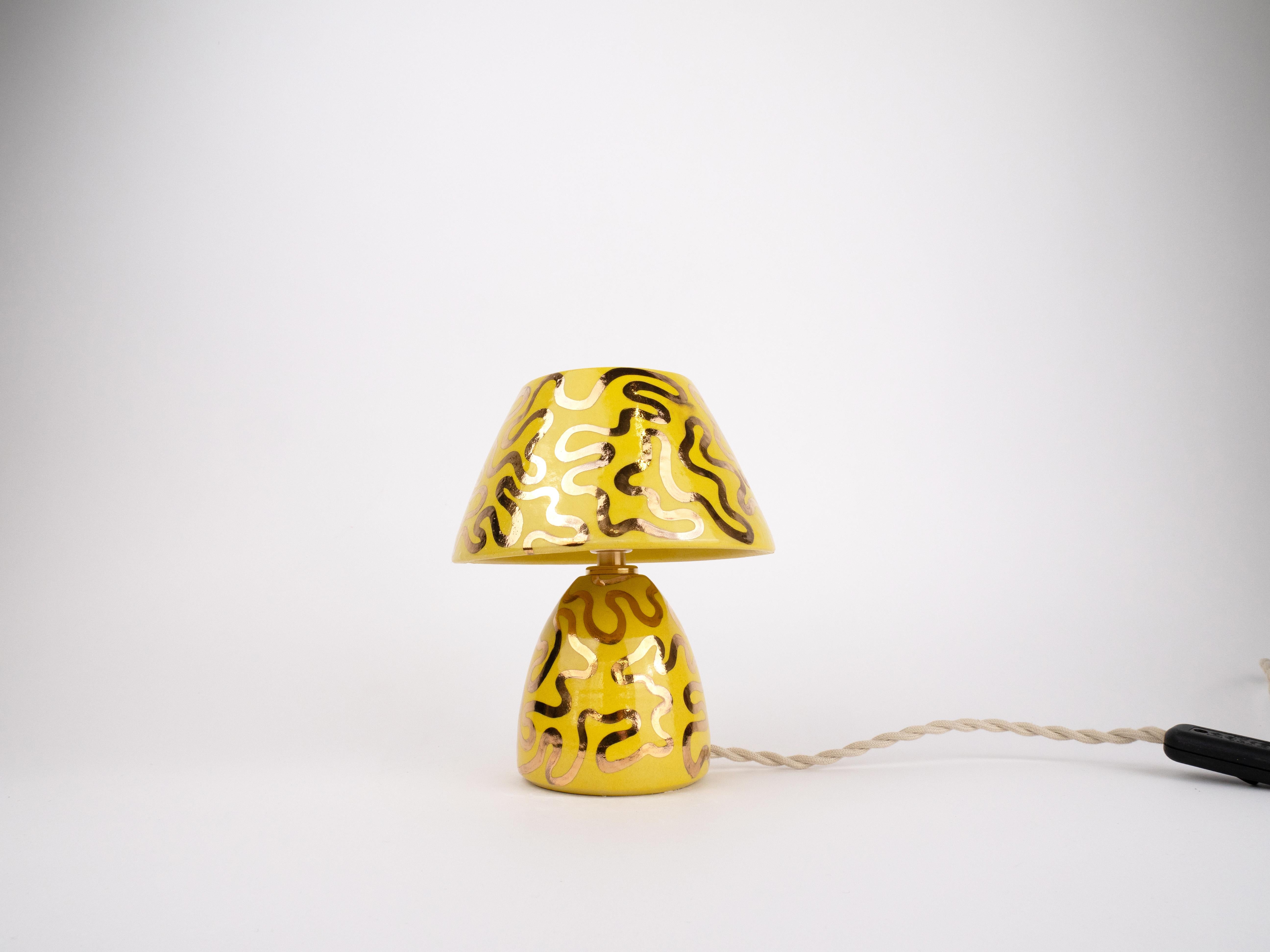 European Ceramic Lamp and Shade- Gold and Yellow For Sale