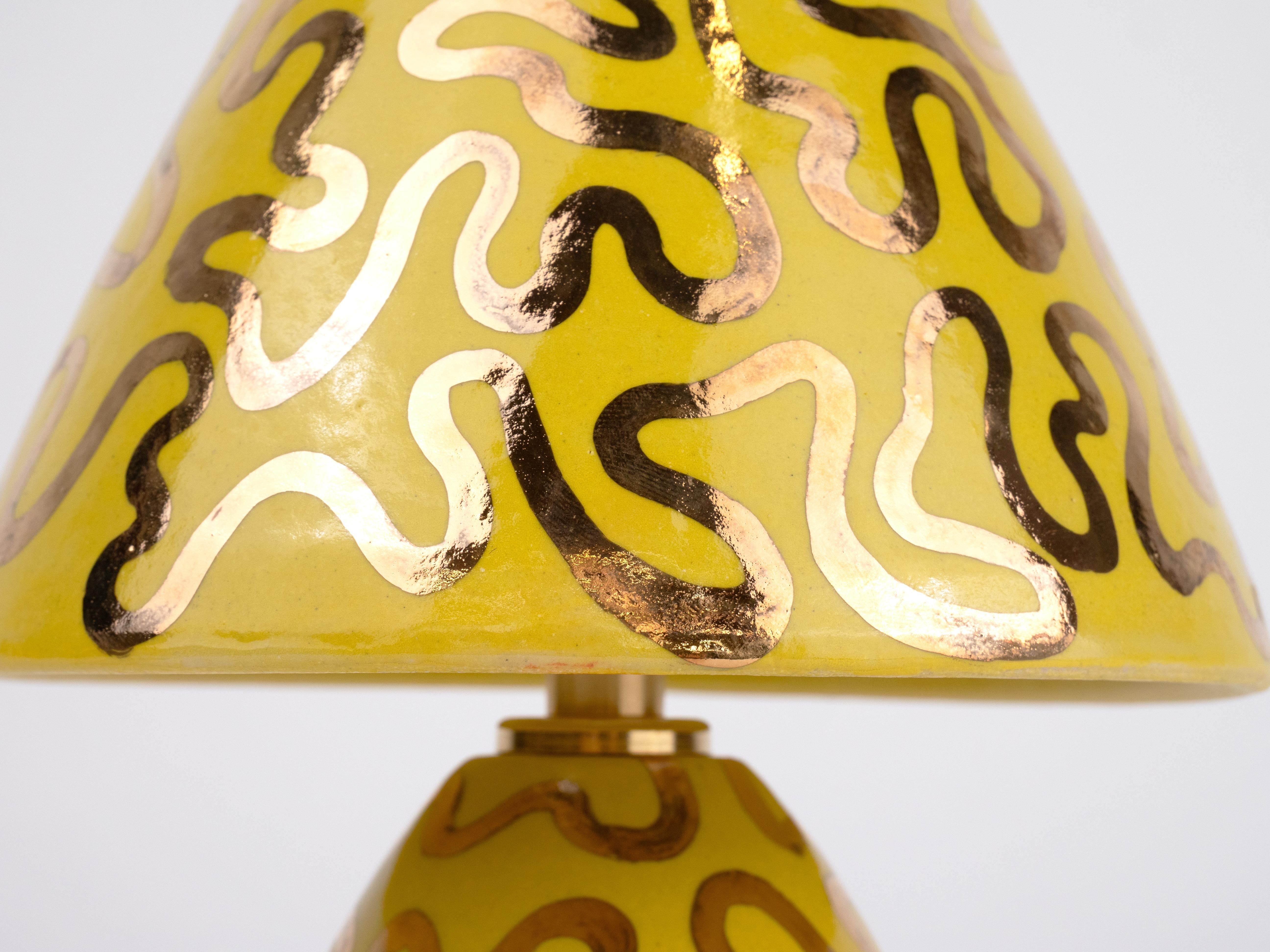 Hand-Crafted Ceramic Lamp and Shade- Gold and Yellow For Sale