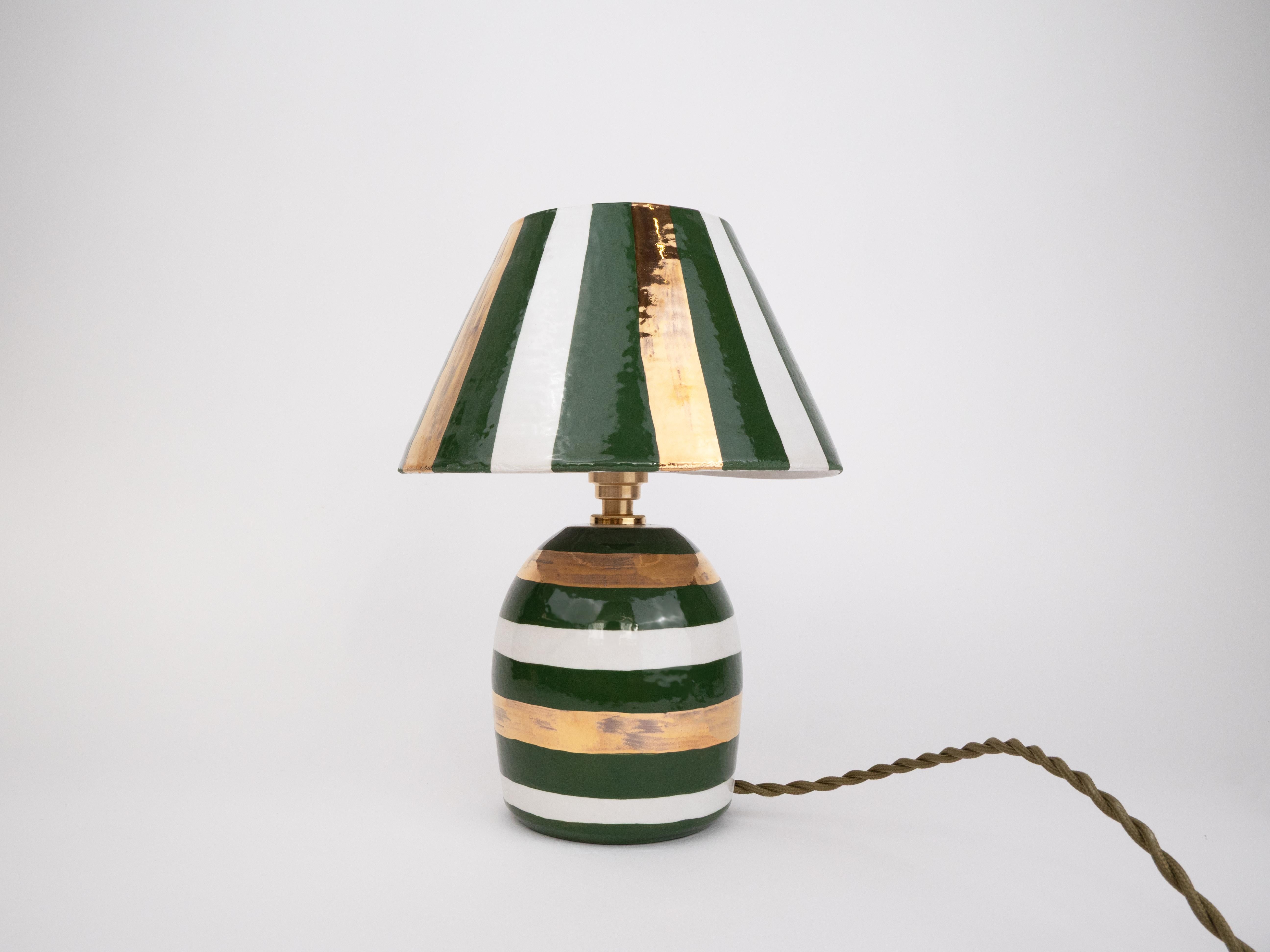 European Ceramic Lamp and Shade- White, Gold and Green Stripes For Sale