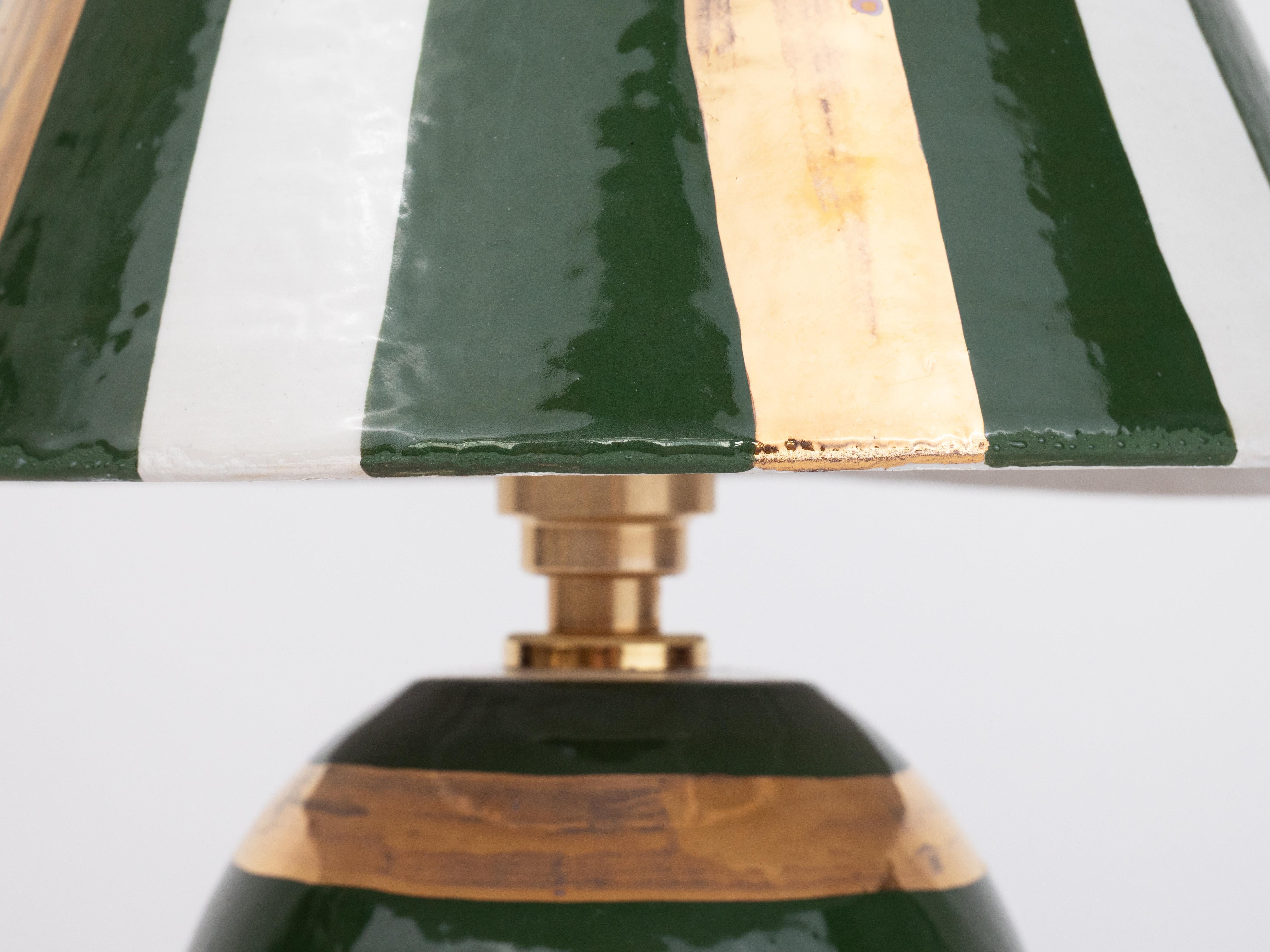 Hand-Crafted Ceramic Lamp and Shade- White, Gold and Green Stripes For Sale