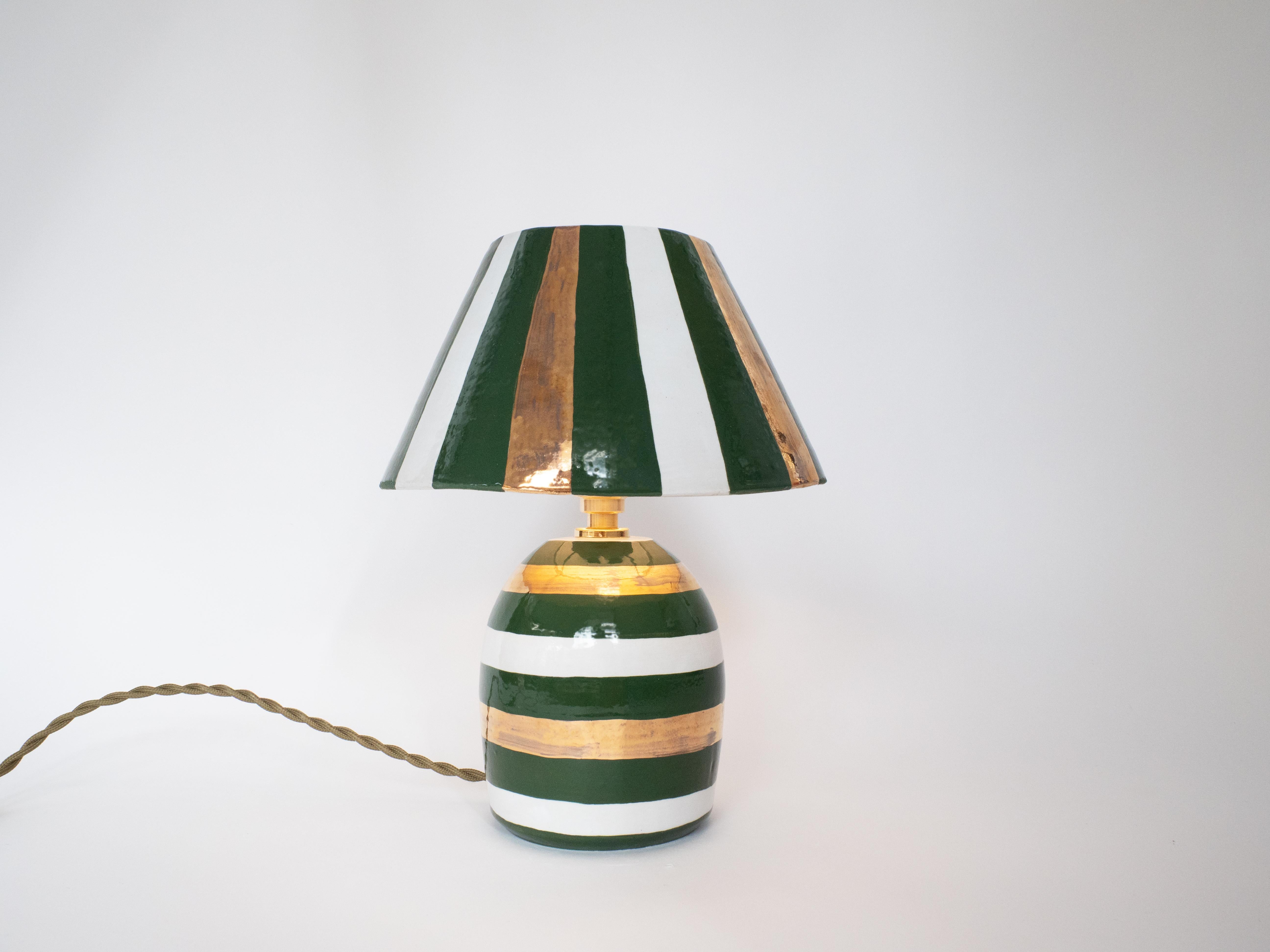 Ceramic Lamp and Shade- White, Gold and Green Stripes In New Condition For Sale In London, GB