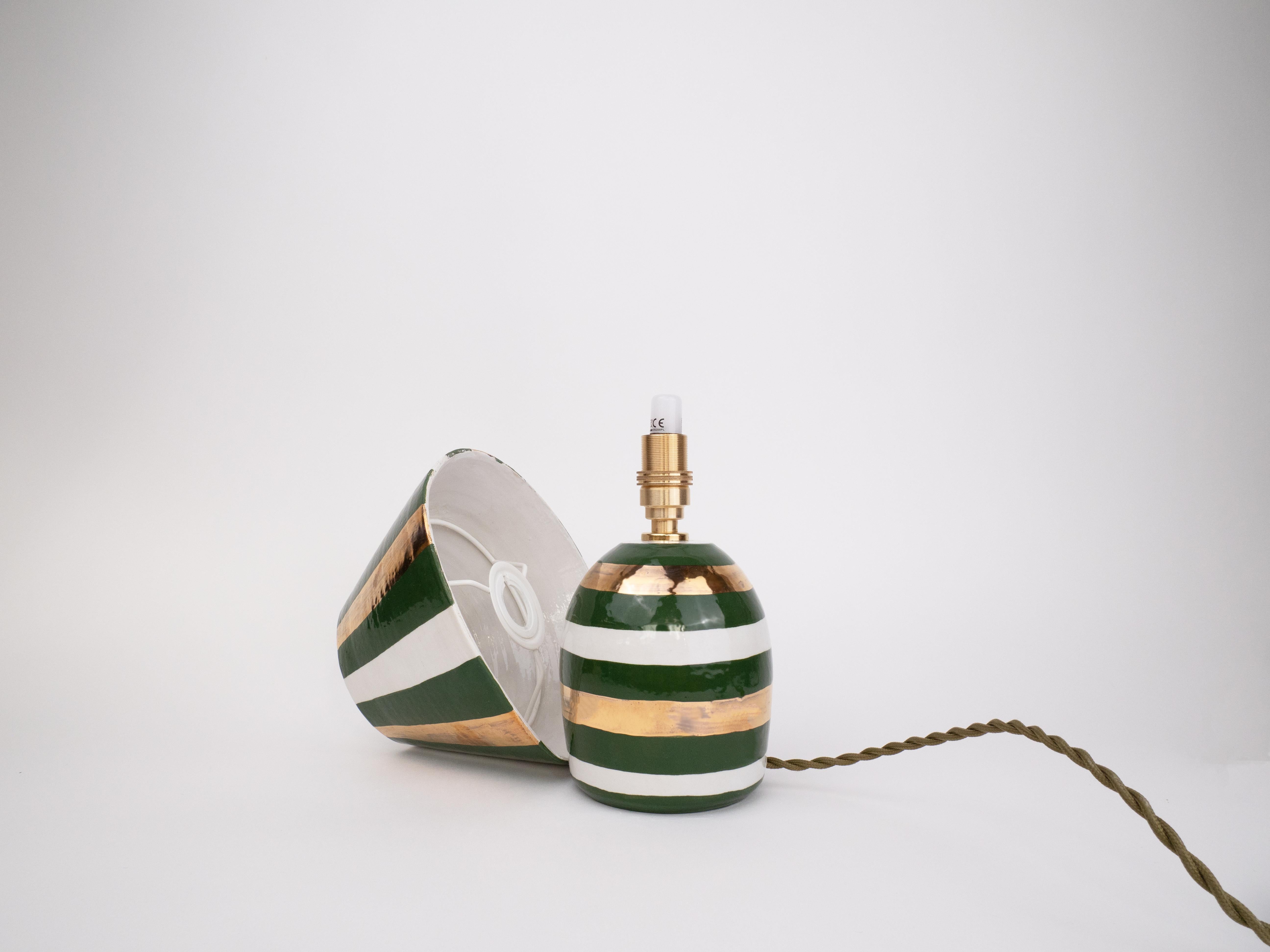Contemporary Ceramic Lamp and Shade- White, Gold and Green Stripes For Sale