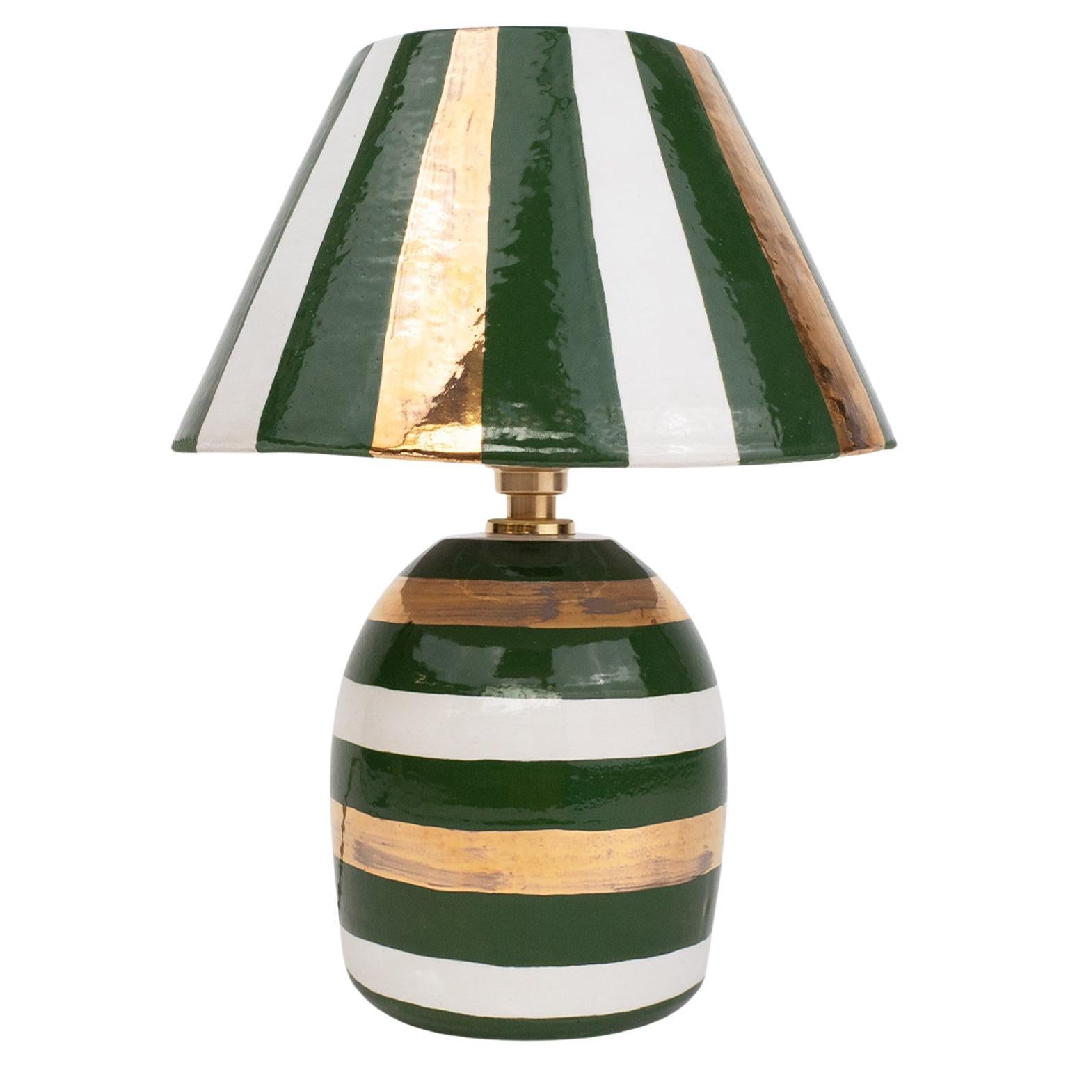 Ceramic Lamp and Shade- White, Gold and Green Stripes For Sale
