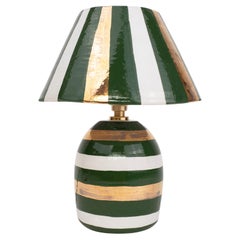 Ceramic Lamp and Shade- White, Gold and Green Stripes