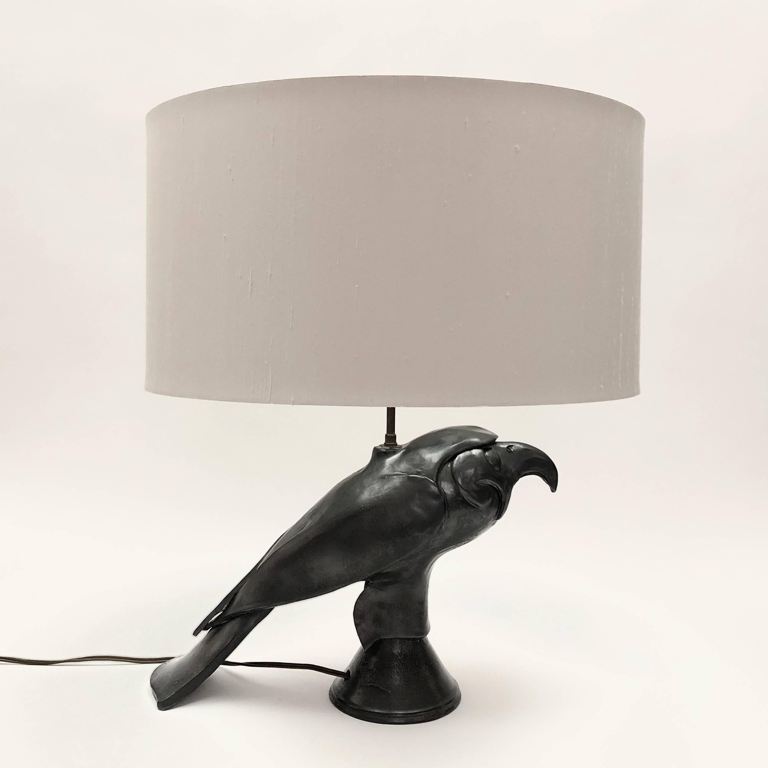French Ceramic Lamp Base, Bird Shaped, Glazed in Black For Sale