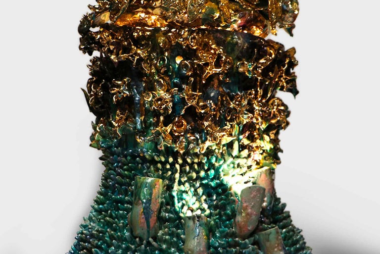 Contemporary Ceramic Lamp Fallen Chandelier by Virginia Leonard Clay, Resin, Pure Gold, 2022 For Sale