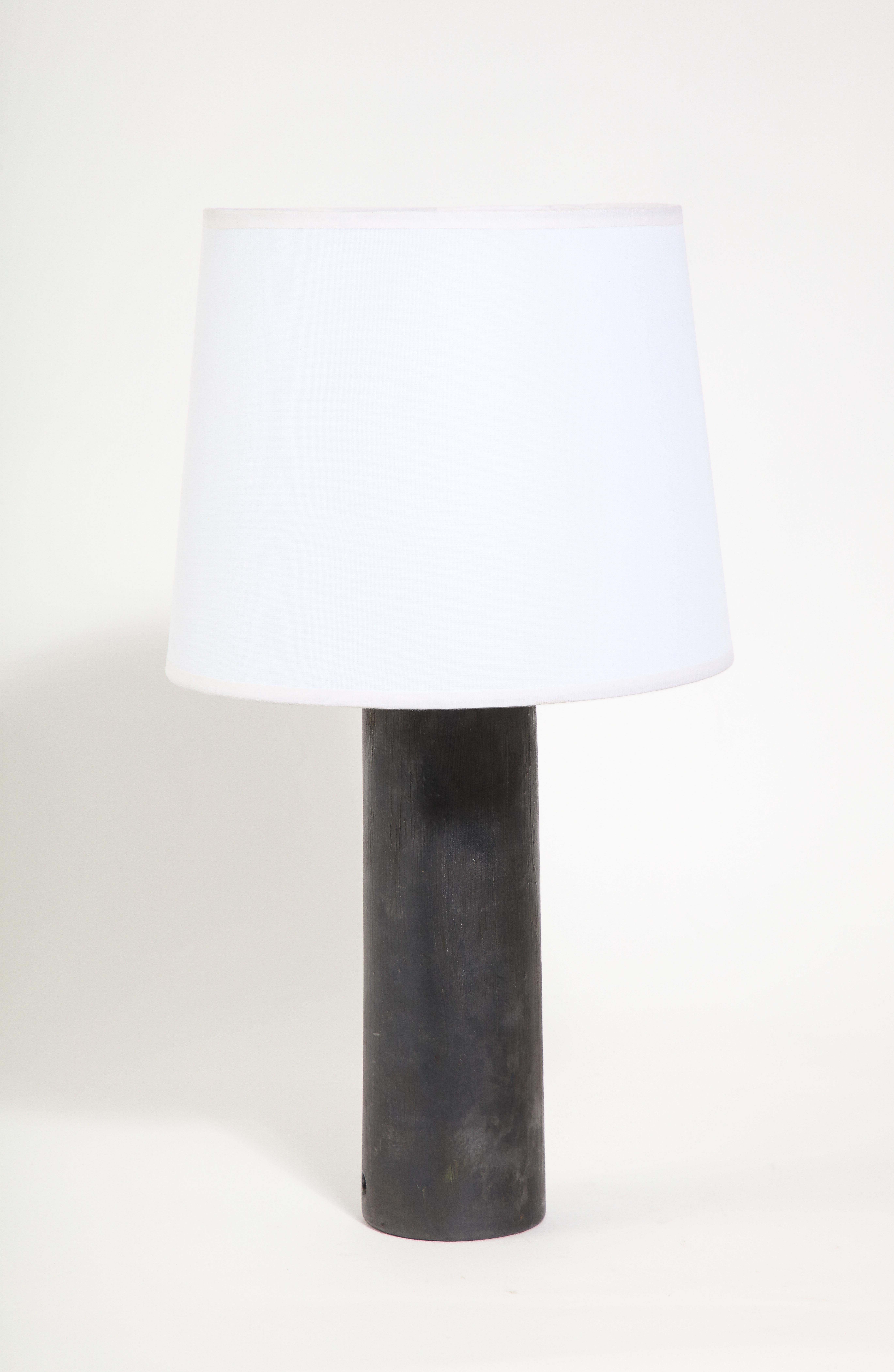 Cylinder ceramic lamp in the manner of Jouve with a metallic Charcoal glaze.
