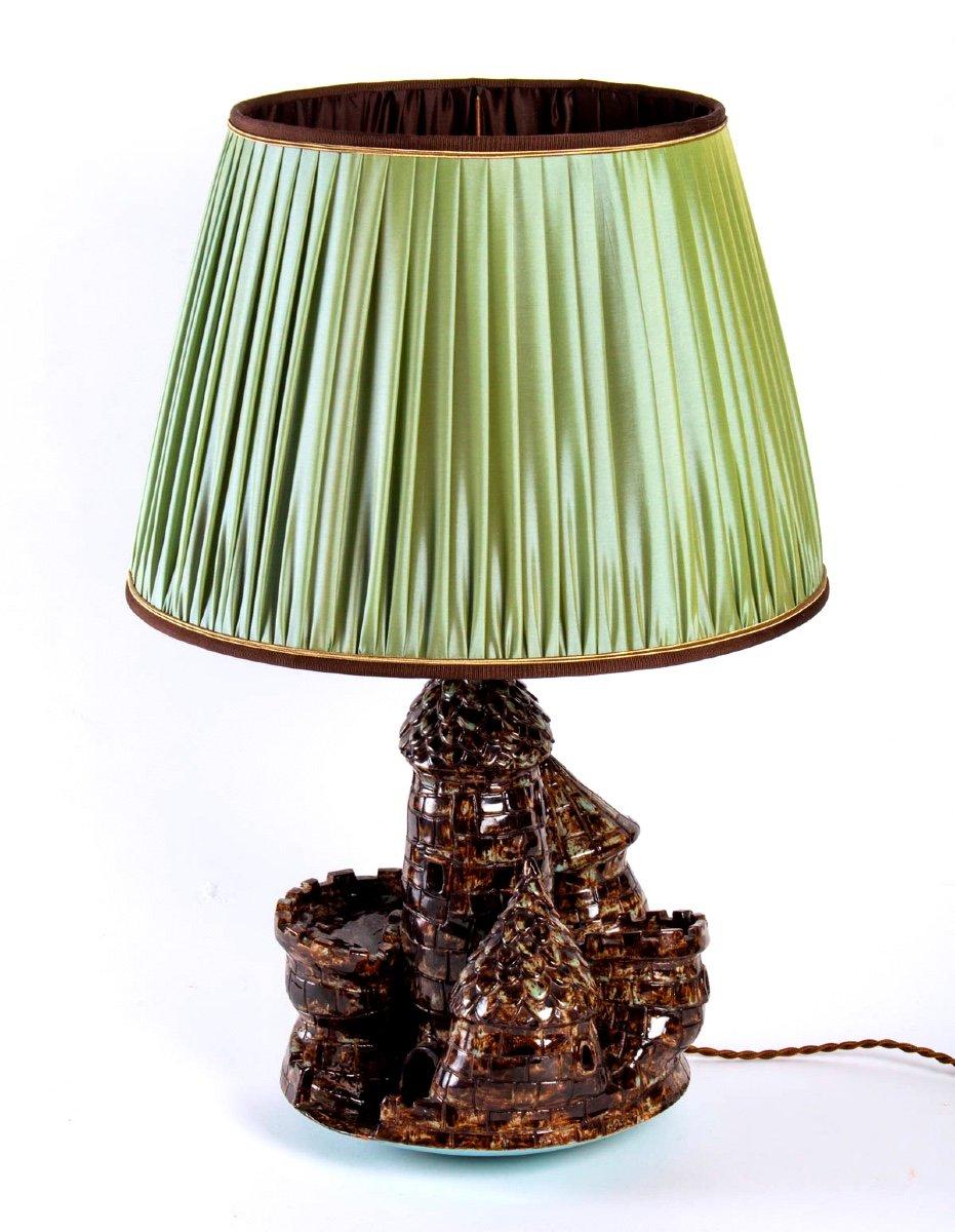 Lampe en céramique Primavera - Base solide en forme de château - Abat-jour en soie plissée - 20e siècle en vente 1