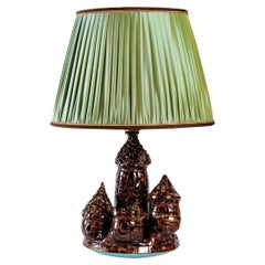 Ceramic Lamp Primavera, Strong Castle Base, Pleated Silk Shade, 20th Century