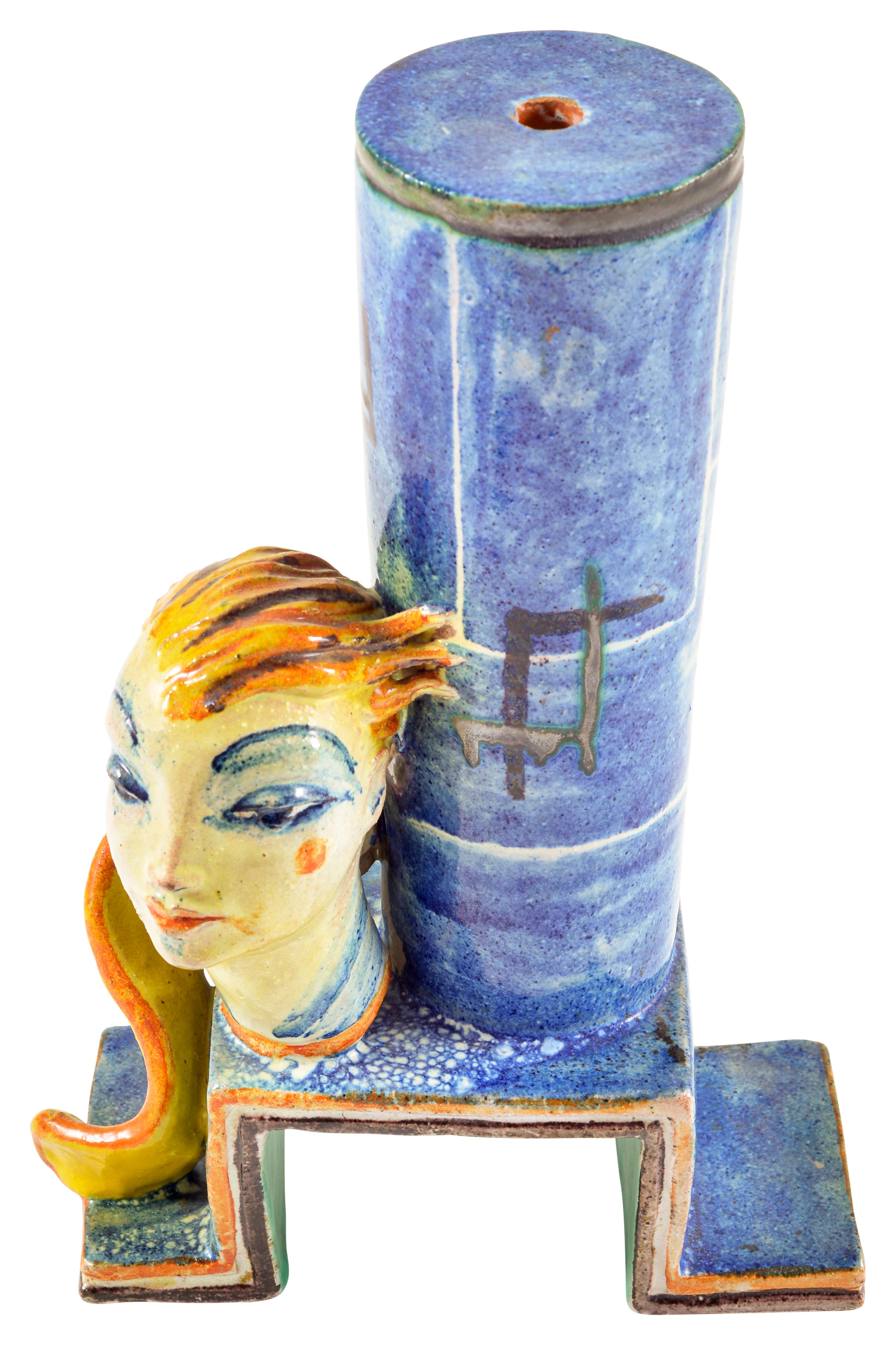 Ceramic lamp stand with expressive head designed by Gudrun Baudisch executed by Wiener Werkstatte ca. 1928 marked Austrian Art

In this ceramic object, Gudrun Baudisch combines her characteristic head depictions with a sculptural lamp base. In