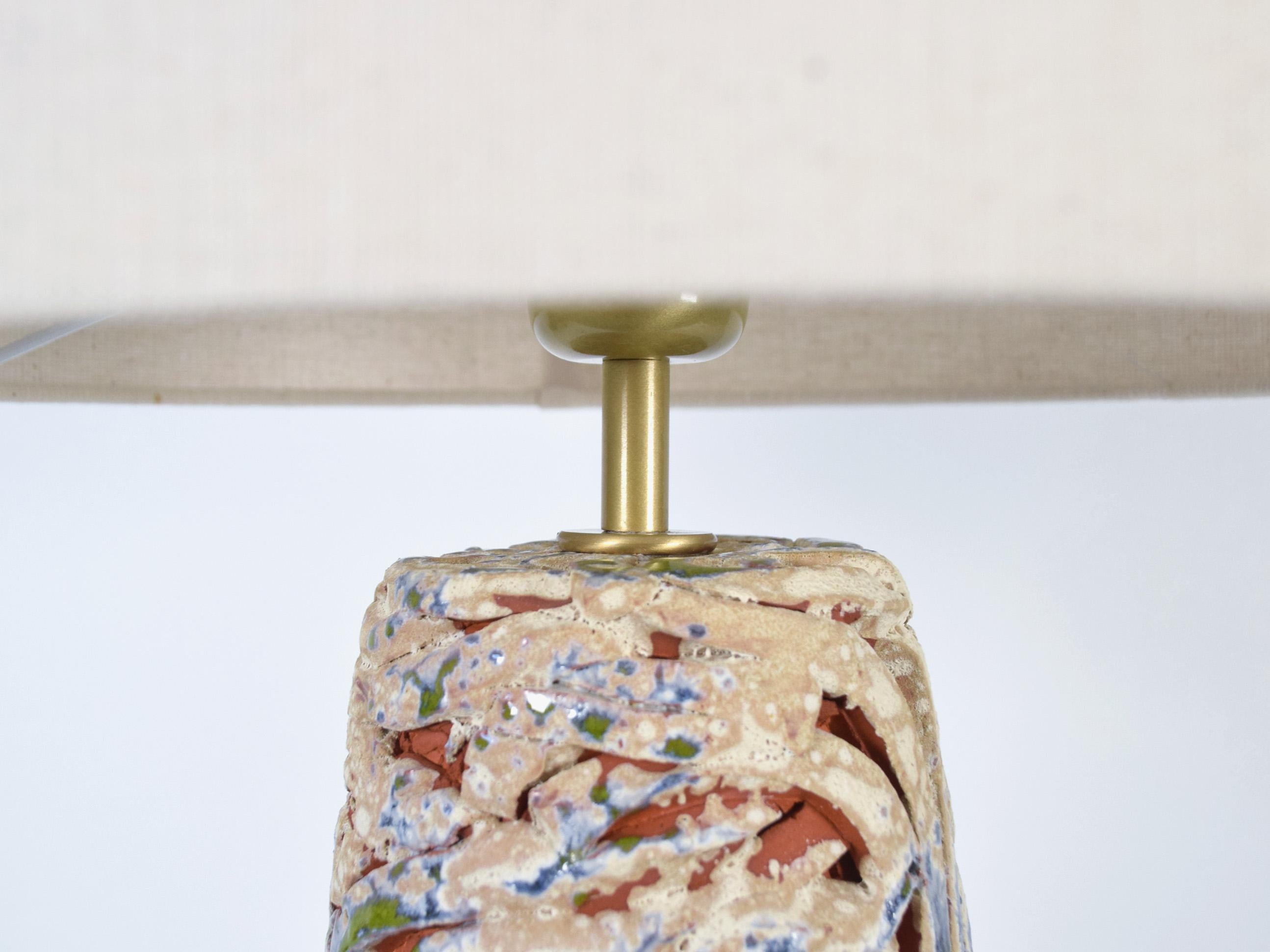 Keramische Lampe Weiß Blau Grün Glasur Leinen Lampenschirm - Handmade One of a Kind im Zustand „Neu“ im Angebot in Braga, PT