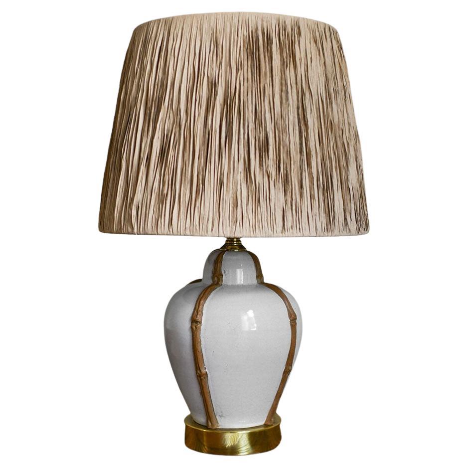 Ceramic Lamp With Bamboo-Like Motifs and Brass Details, 1970s