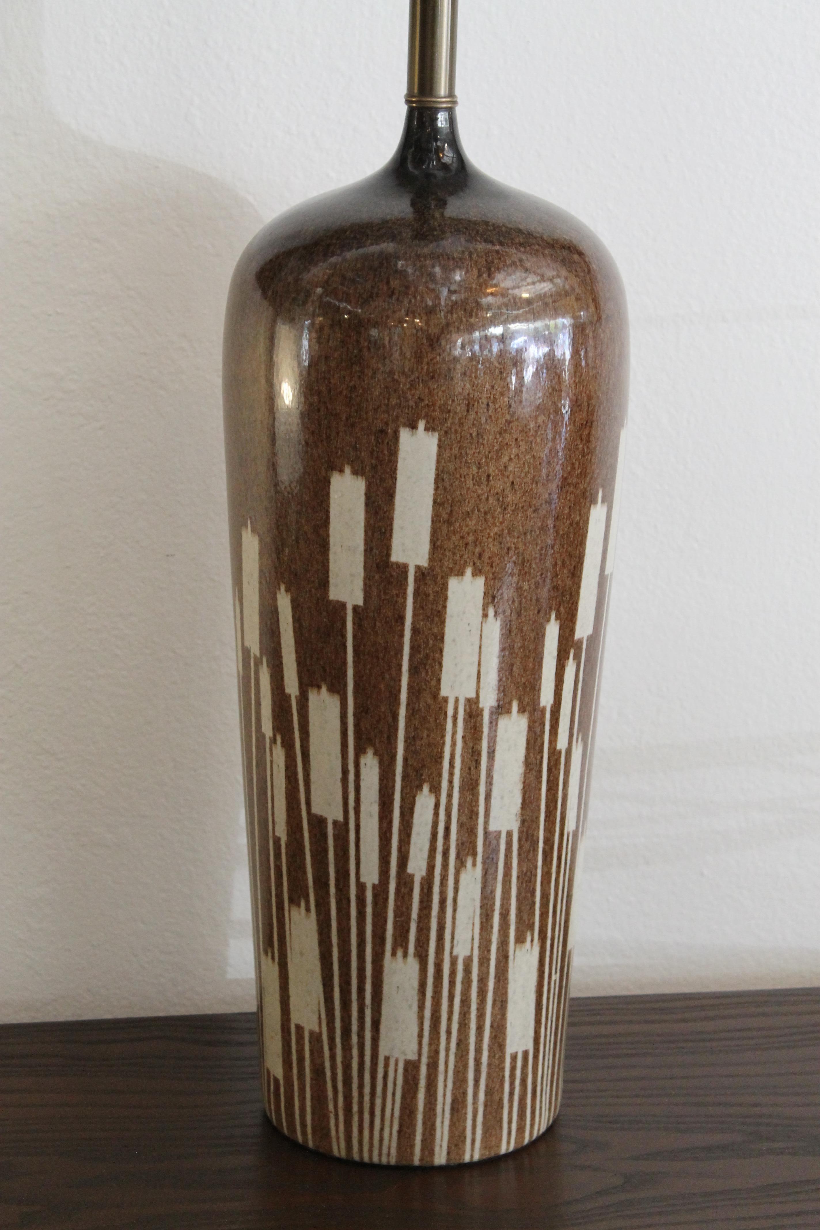 Mid-Century Modern Ceramic Lamp with Cattail Pattern For Sale