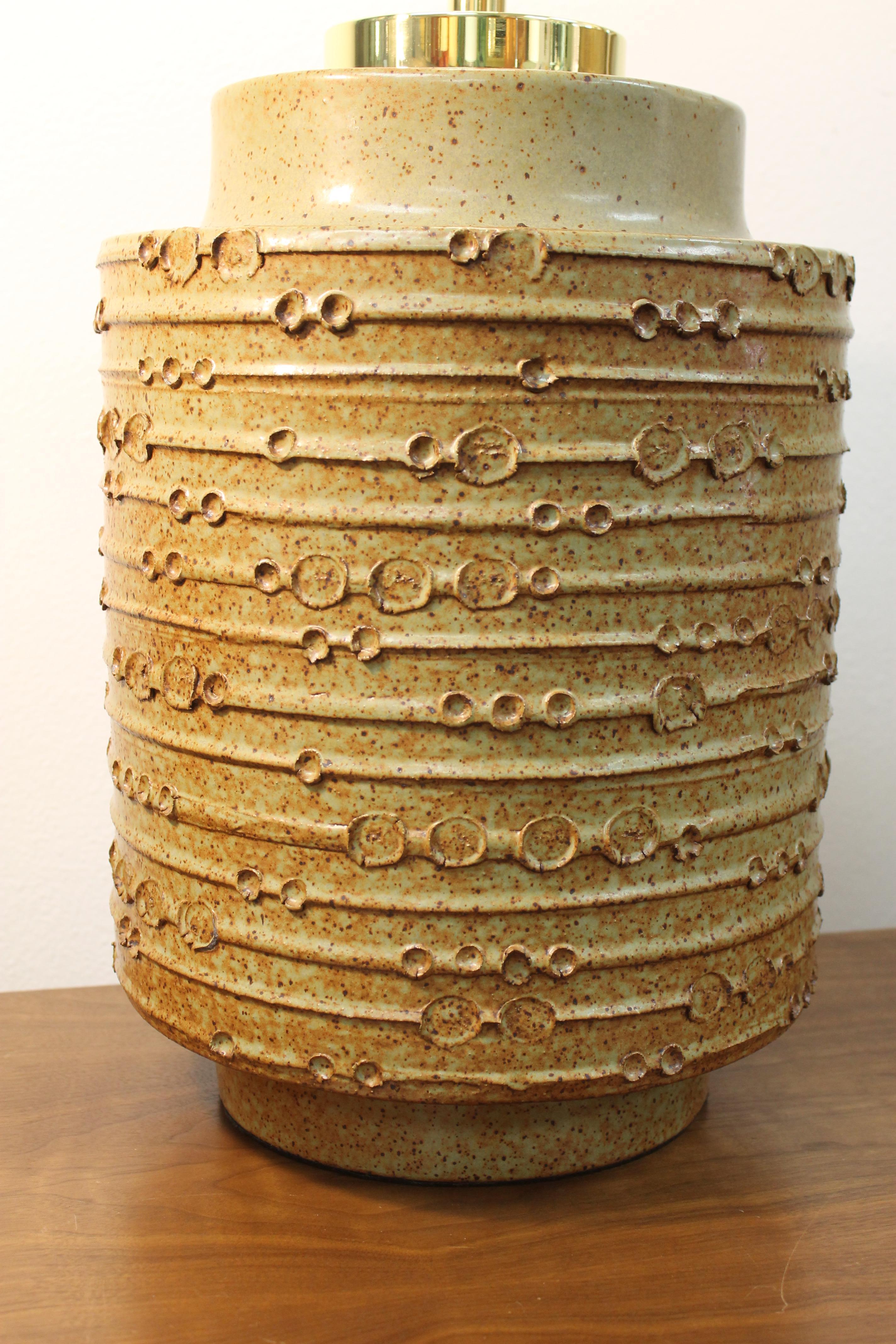 Architectural Pottery Pro/Artisan ceramic lamp by David Cressey. Lamp is 13” diameter and 22” high from base to the bottom of socket. Lamp has been professionally rewired for 3-way light bulbs. Lamp shade not included.
