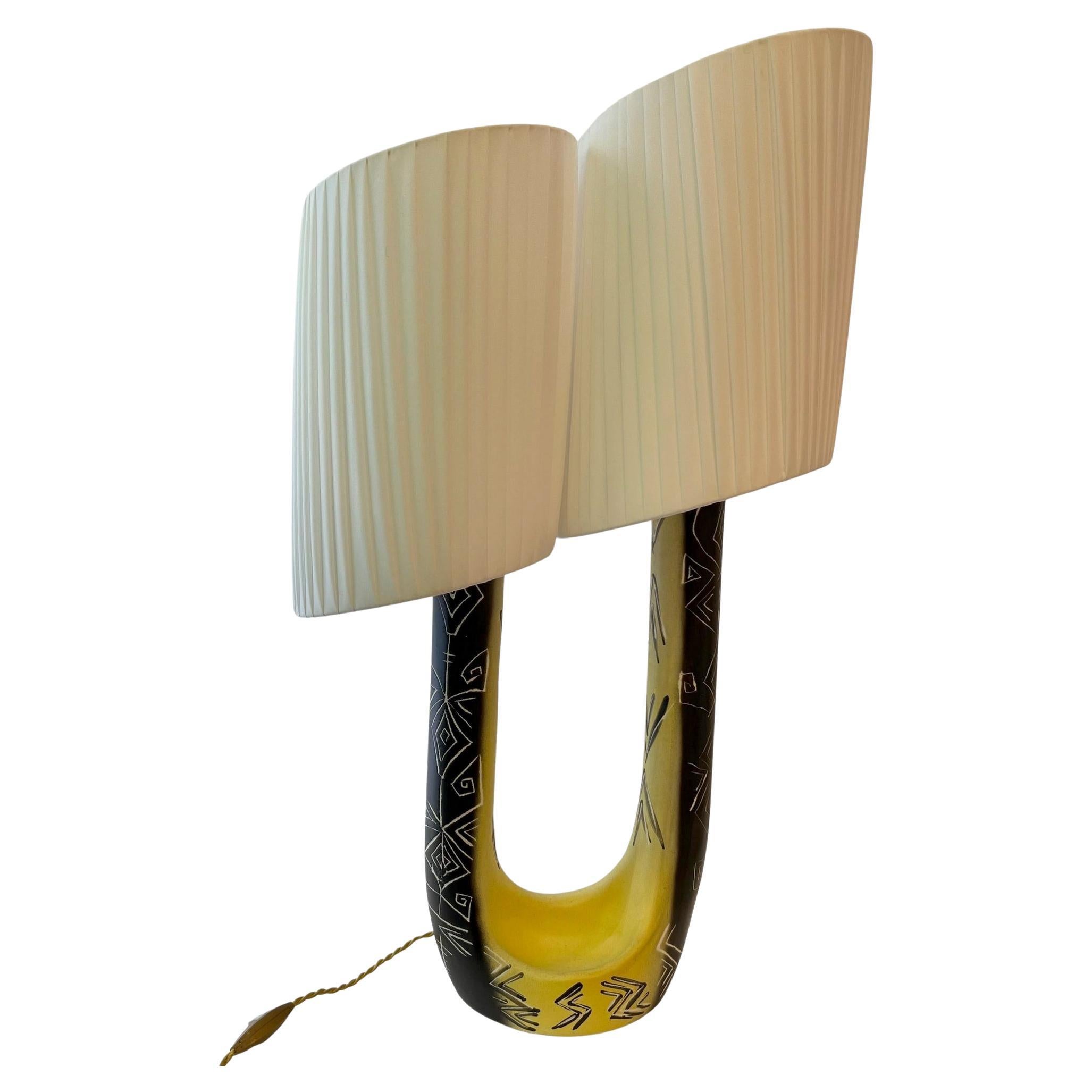 Lampe en céramique avec double abat-jour drapé par F. Ré, H. H., Vallauris, vers 1955