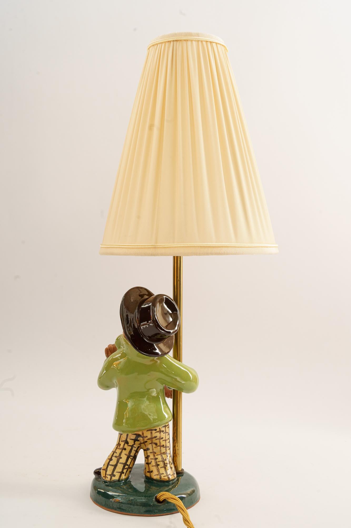 Brass Ceramic Lamp with Fabric Shade, Vienna, Around 1950s For Sale
