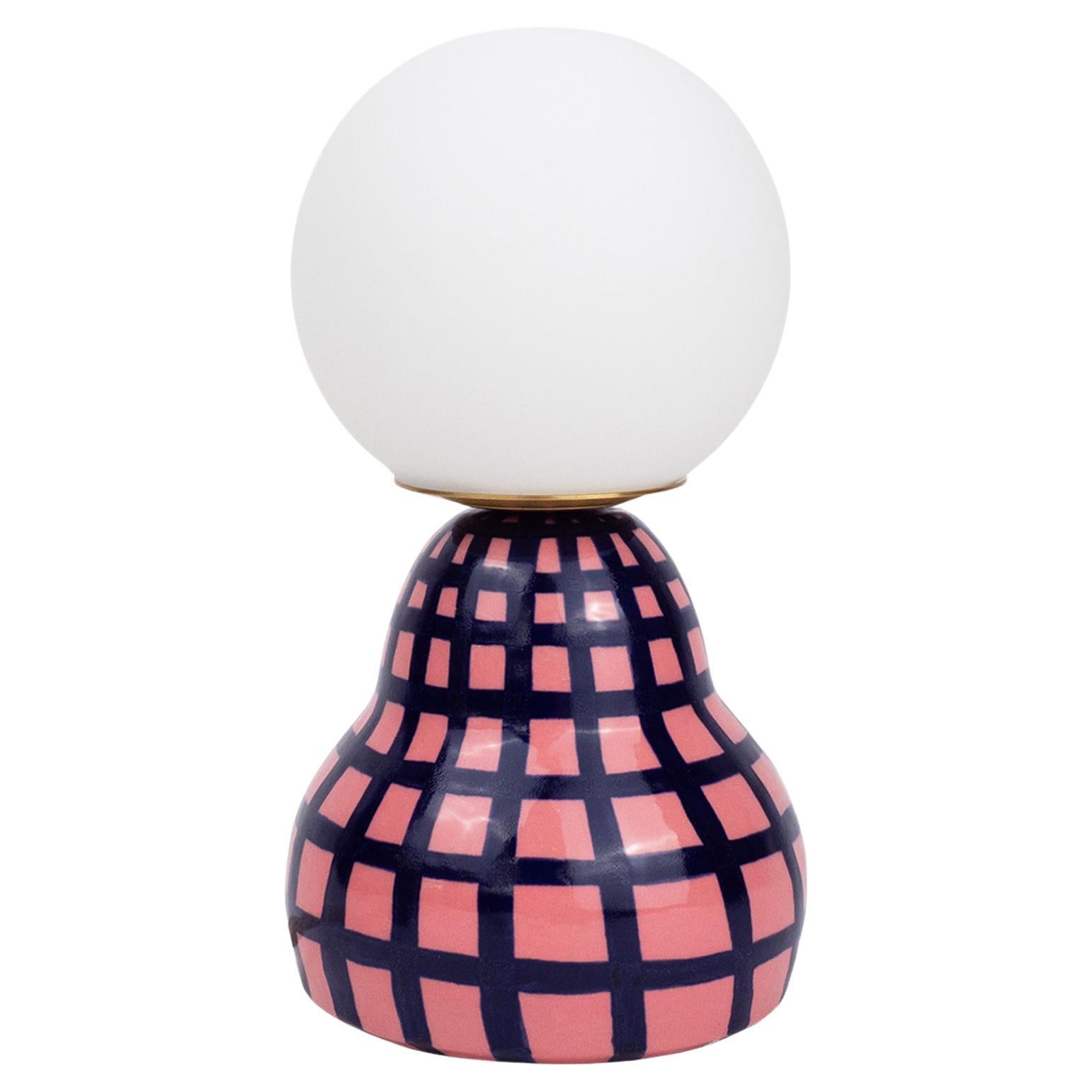 Ceramic Lamp with Glass Lamp Shade- Pink and Blue Grid