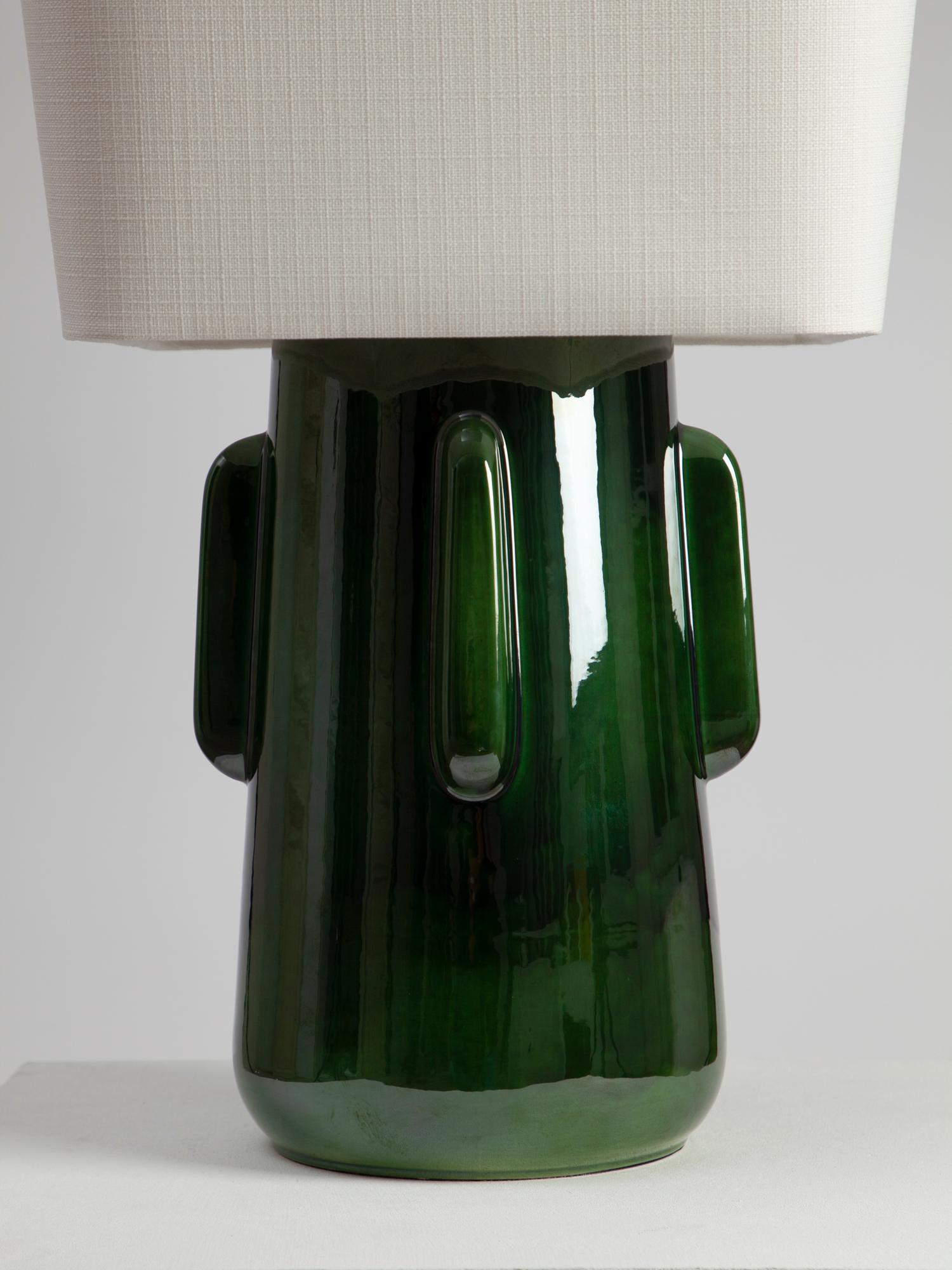 Polished TOSHIRO Green Ceramic Lamp with Linen Lampshade For Sale