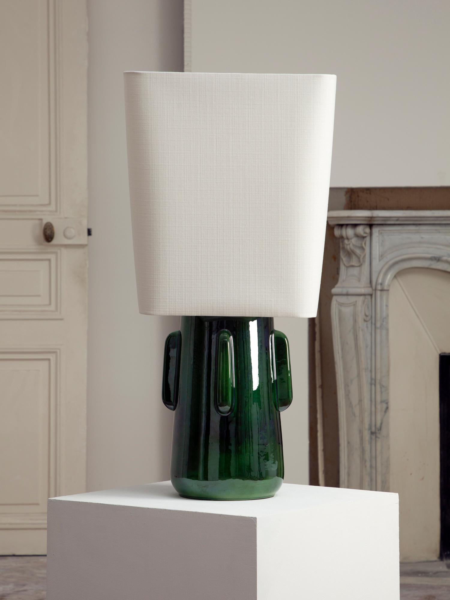Contemporary TOSHIRO Green Ceramic Lamp with Linen Lampshade For Sale