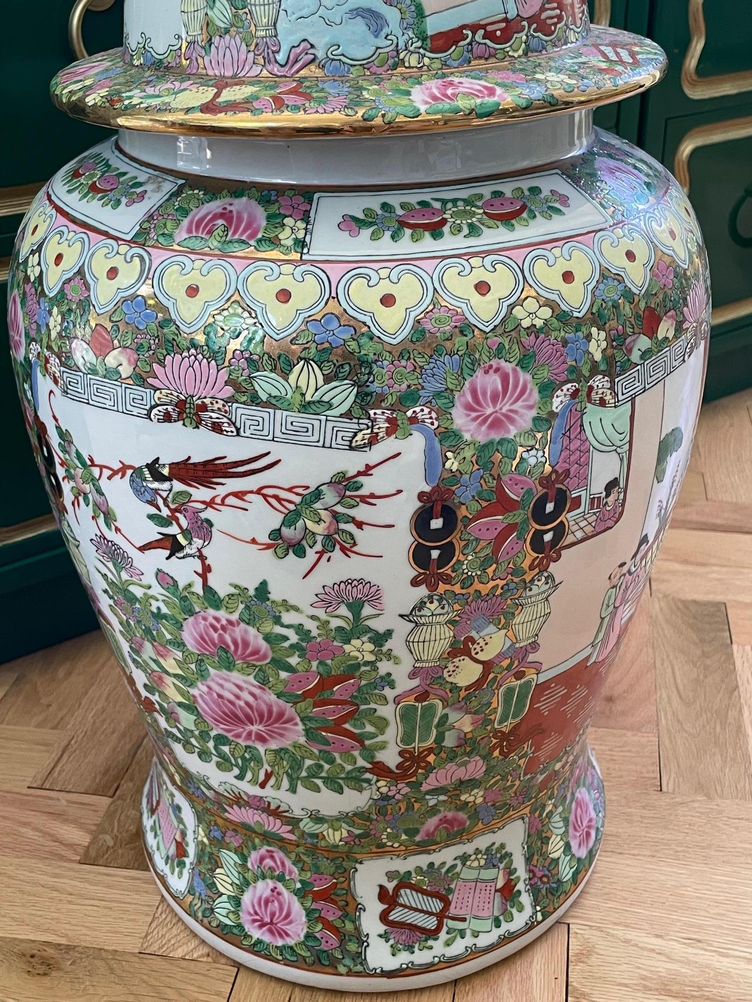 Chinoiserie Ceramic Large Asian Baluster Urn or Floor Vase