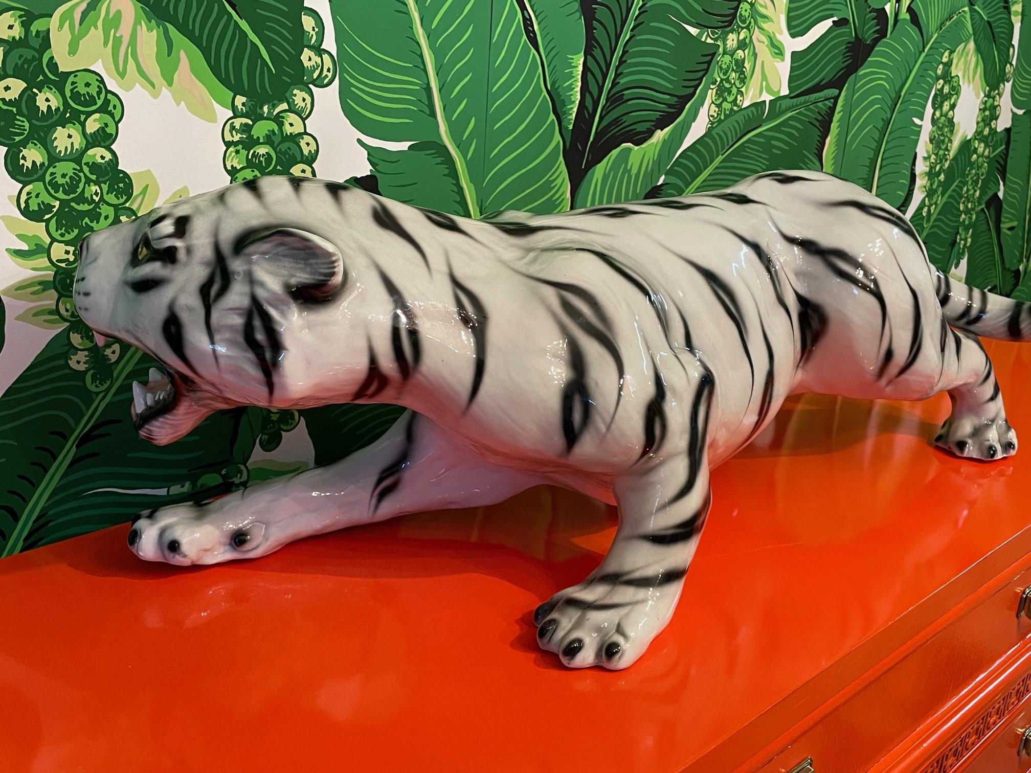 Ceramic Large Crouching White Tiger Statue In Good Condition For Sale In Jacksonville, FL
