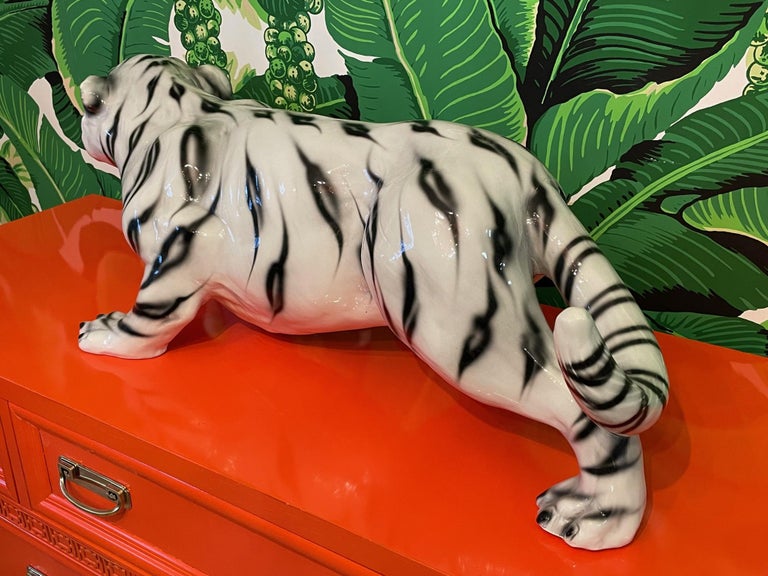 Ceramic Large Crouching White Tiger Statue For Sale at 1stDibs