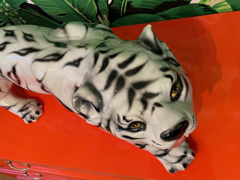 Ceramic Large Crouching White Tiger Statue For Sale at 1stDibs