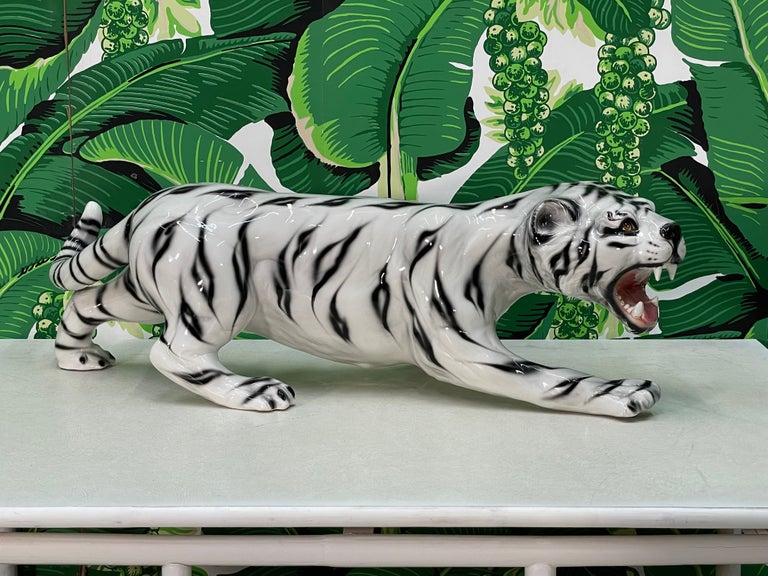 Ceramic Large Crouching White Tiger Statue For Sale at 1stDibs