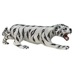 Vintage Ceramic Large Crouching White Tiger Statue